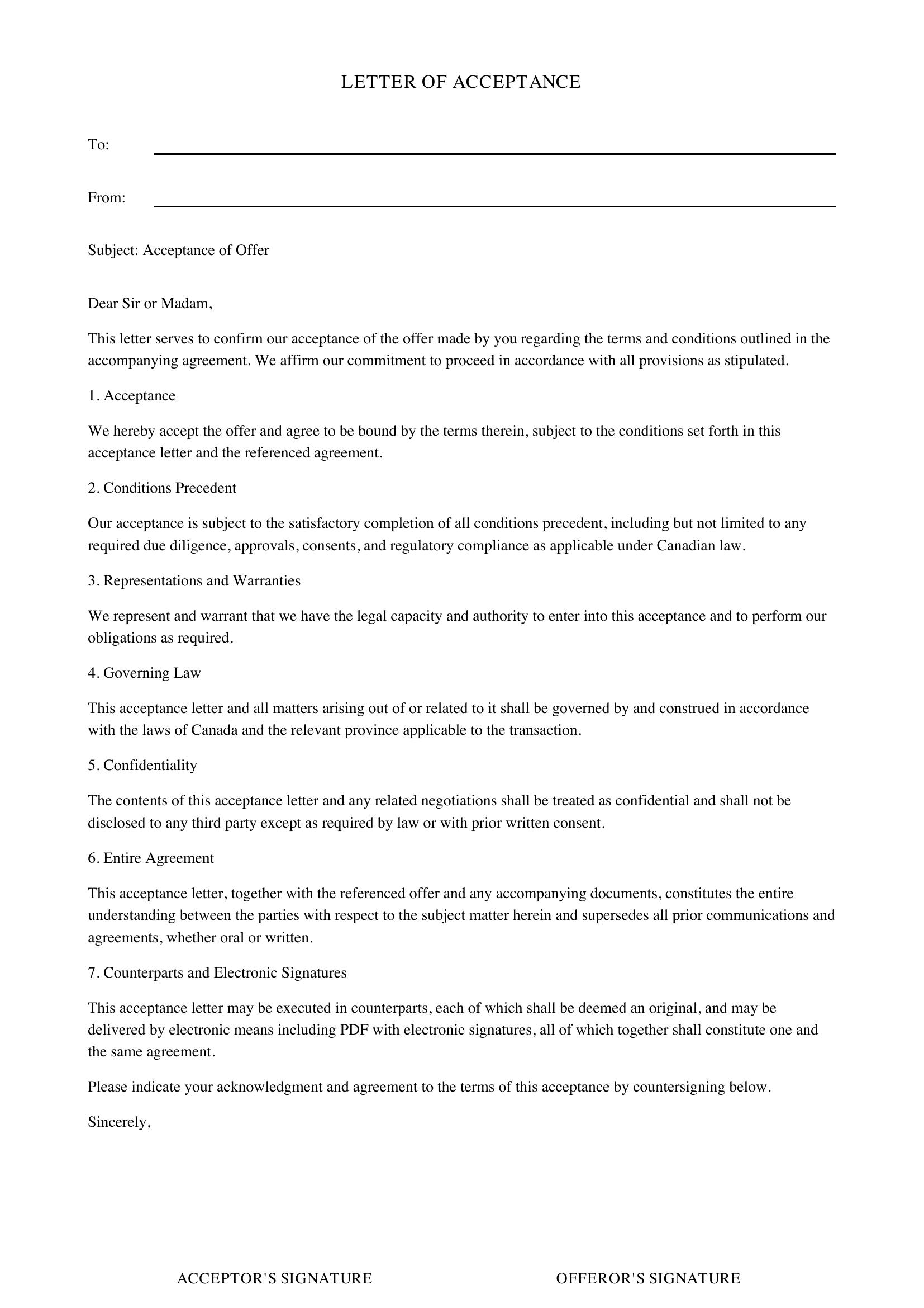 Acceptance Letter Template - Canada