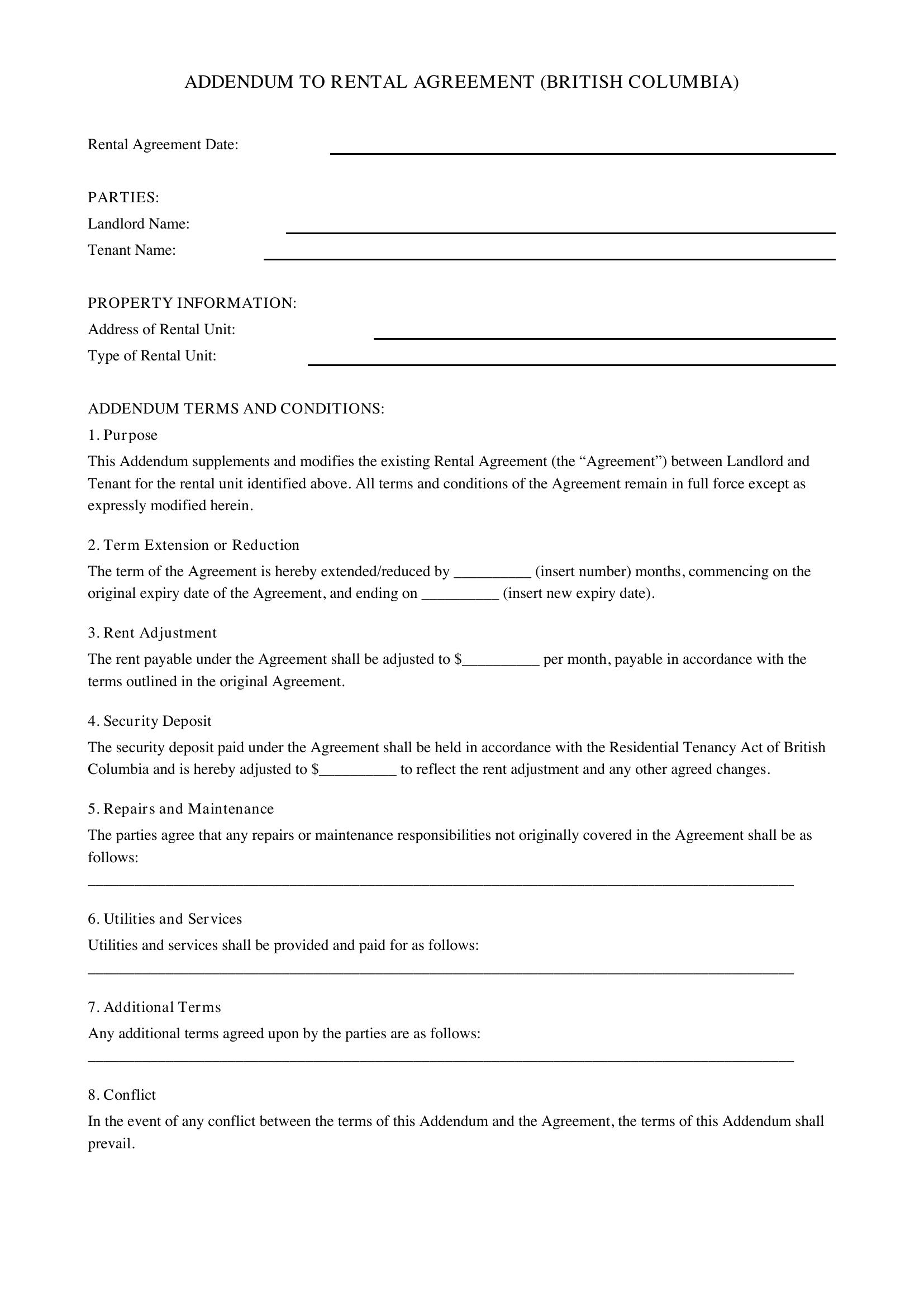 Addendum To Rental Agreement Bc Template - Canada