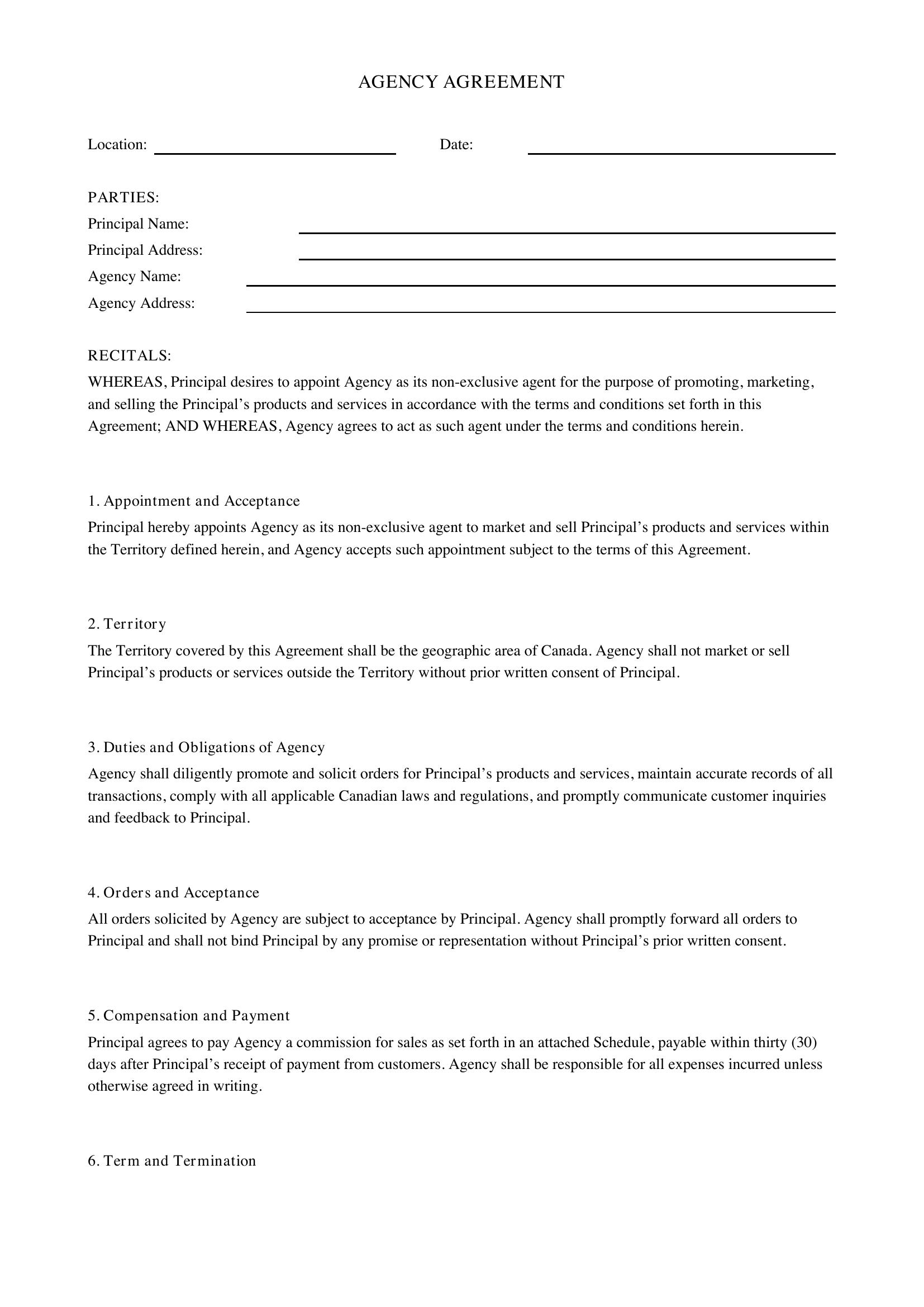 Agency Agreement Template - Canada