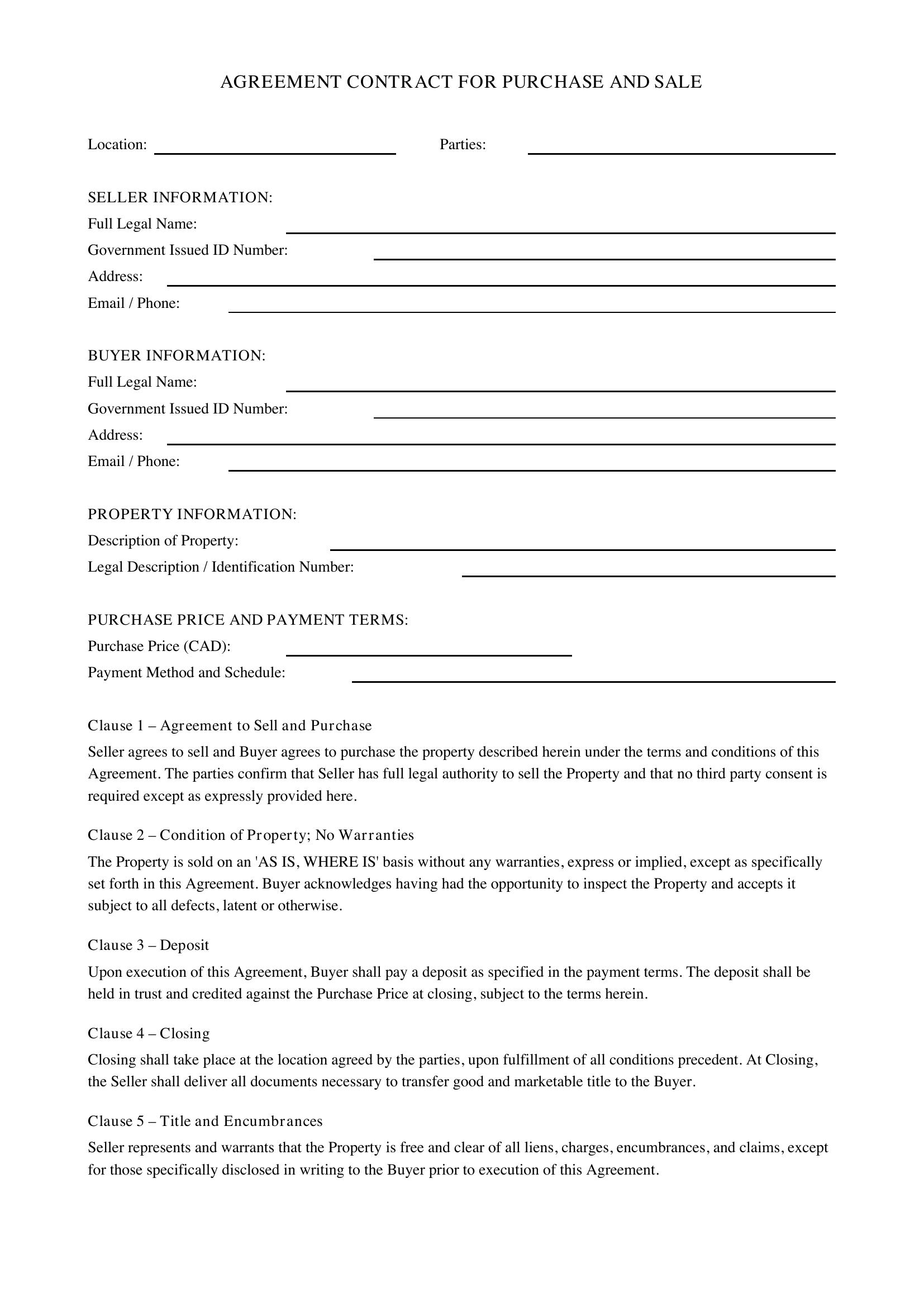 Agreement Contract Template - Canada