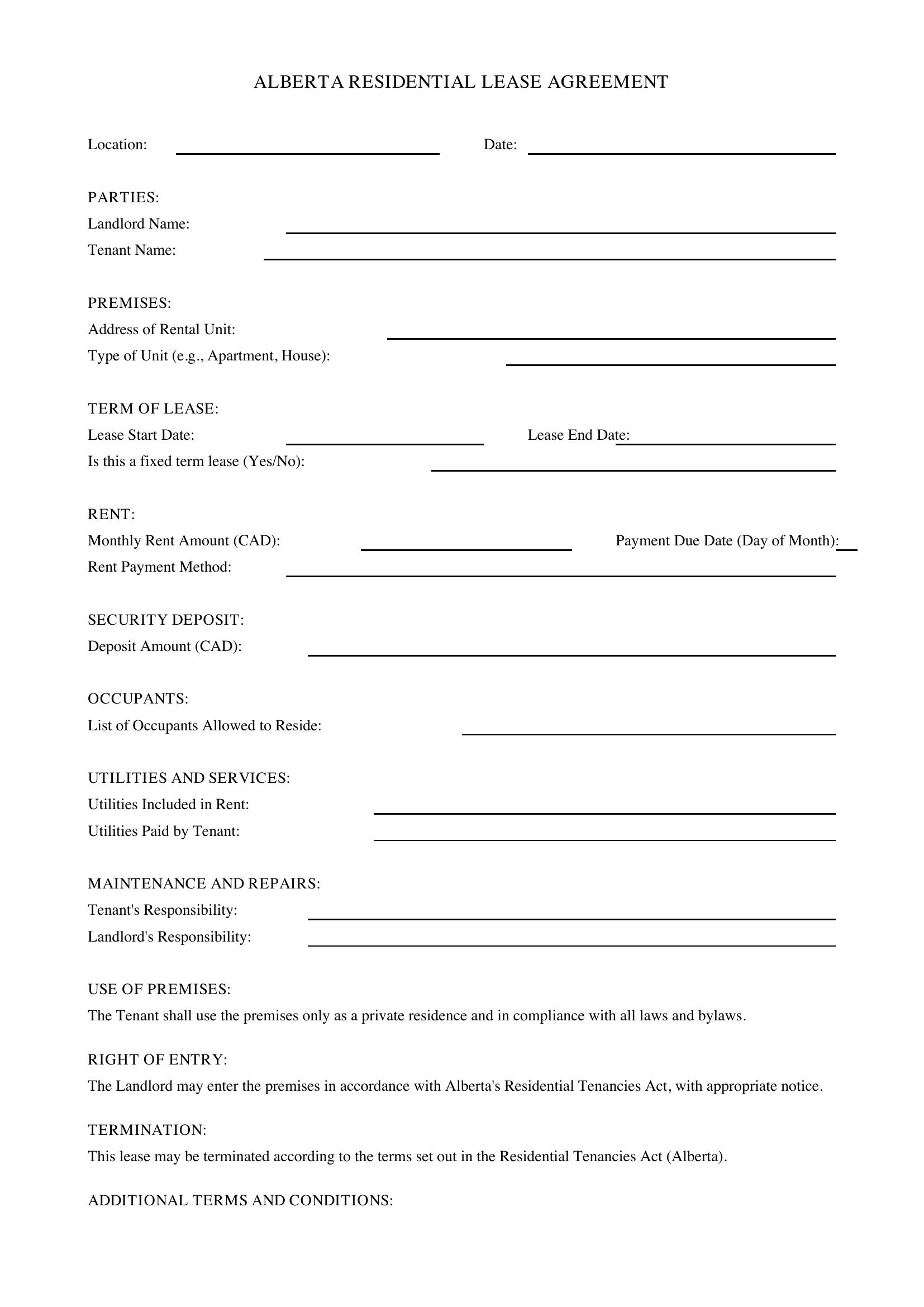 Alberta Lease Agreement Template - Canada