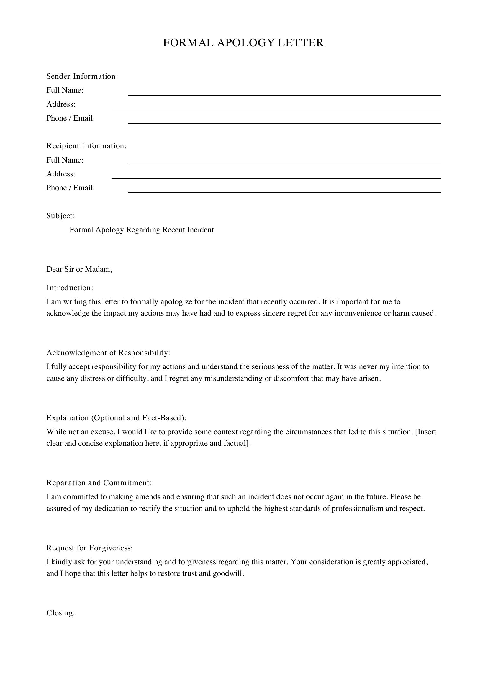 Apology Letter Template - Canada