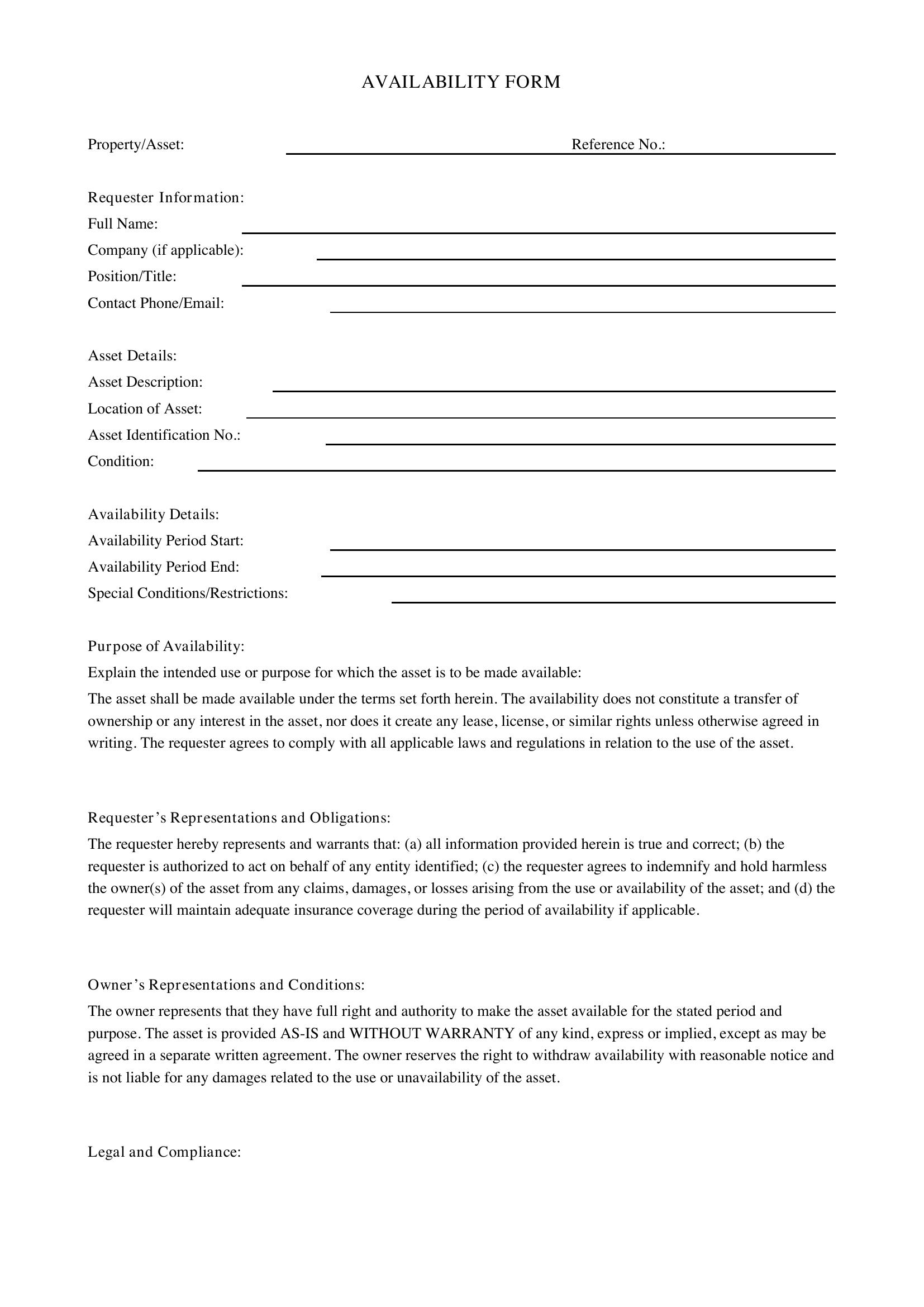 Availability Form Template - Canada
