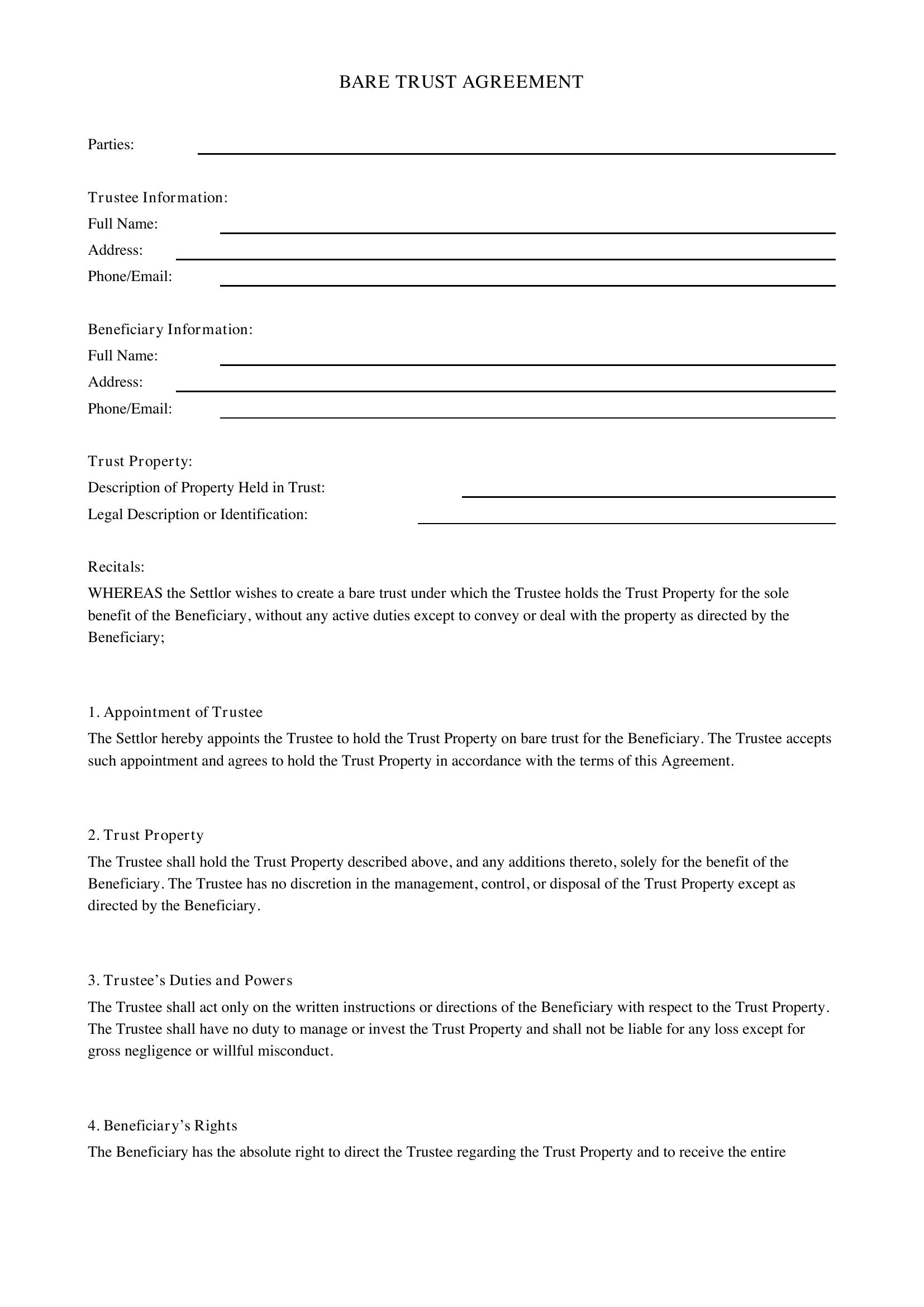 Bare Trust Agreement Template - Canada