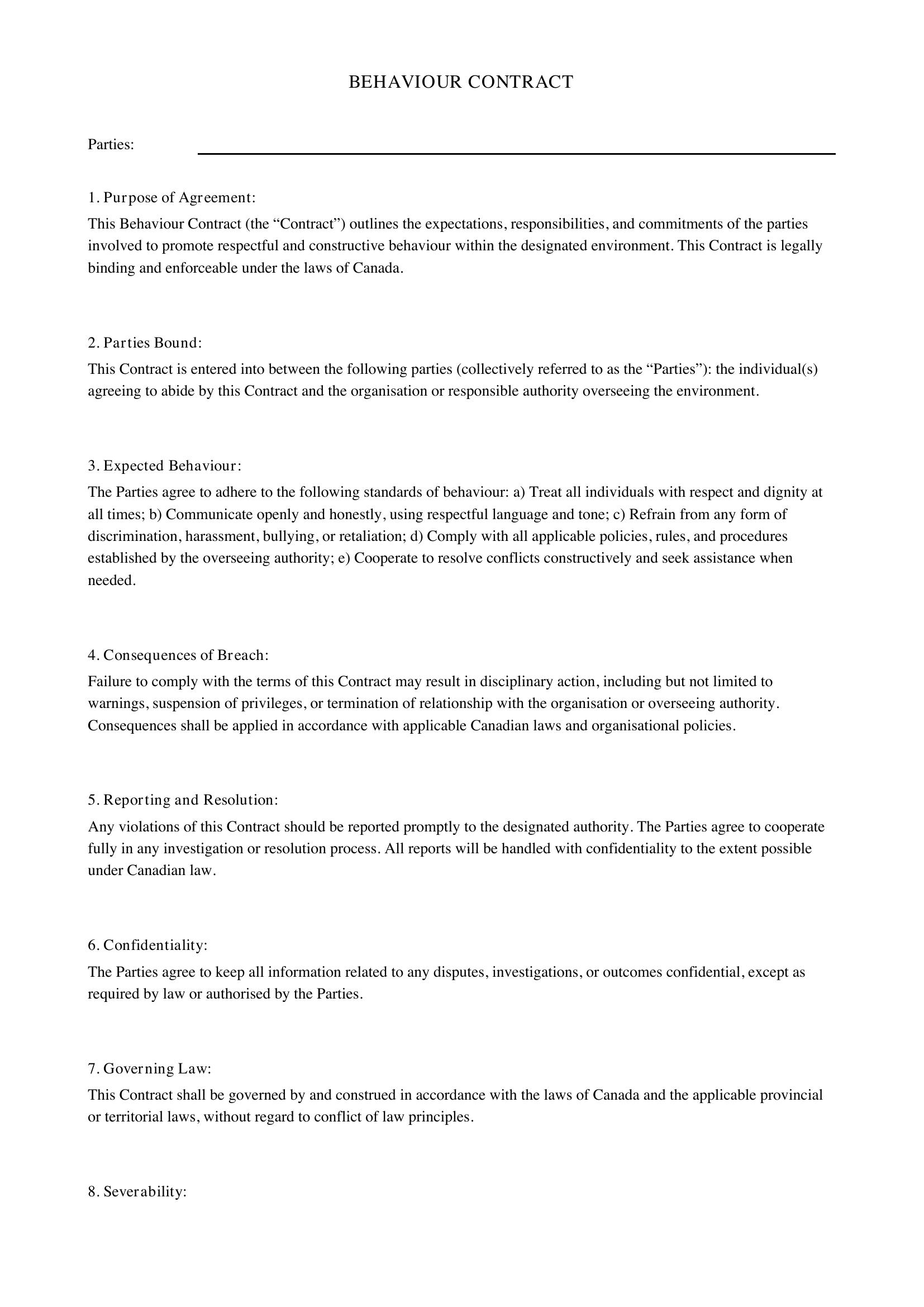 Behaviour Contract Template - Canada