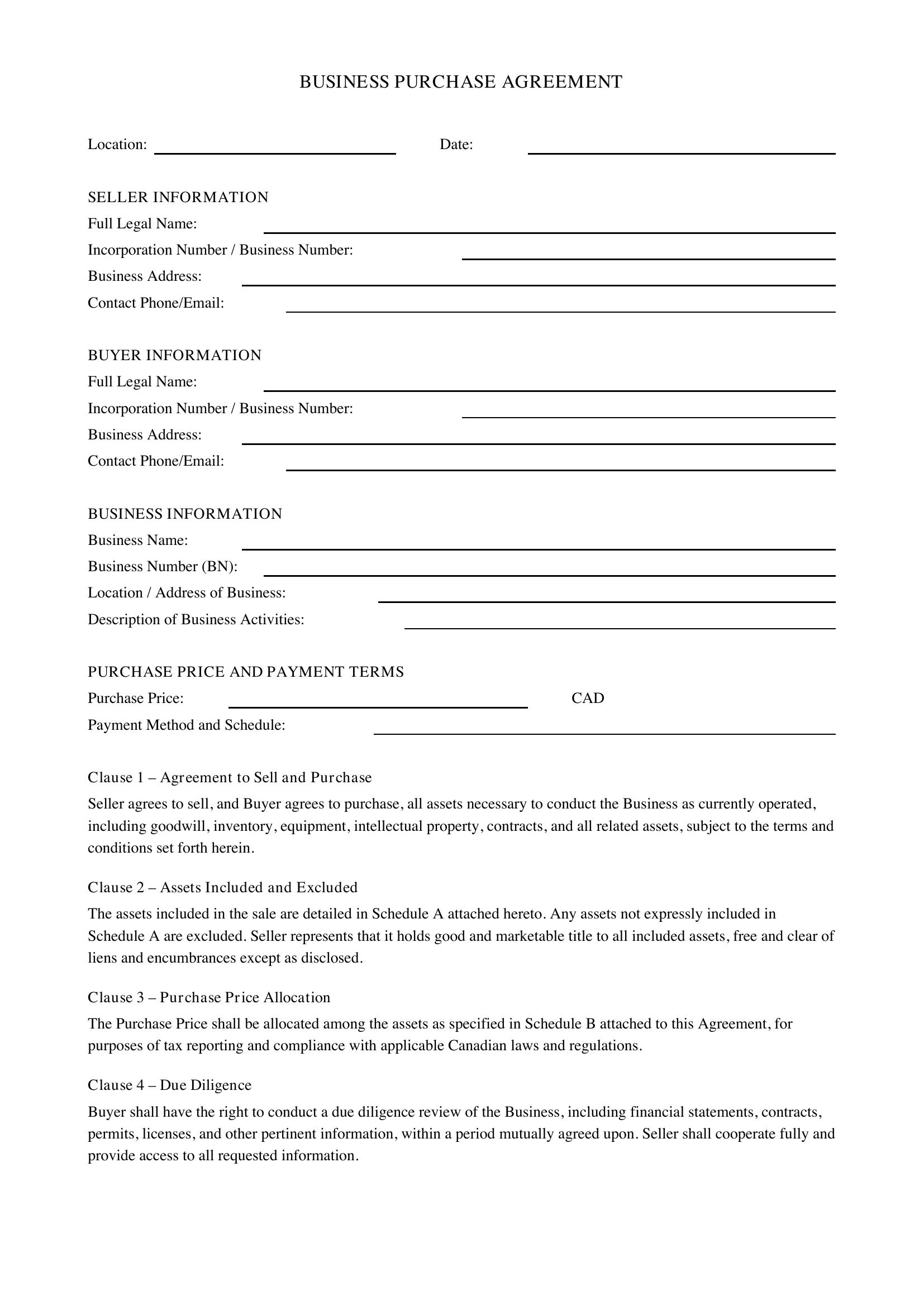 Business Purchase Agreement Template - Canada