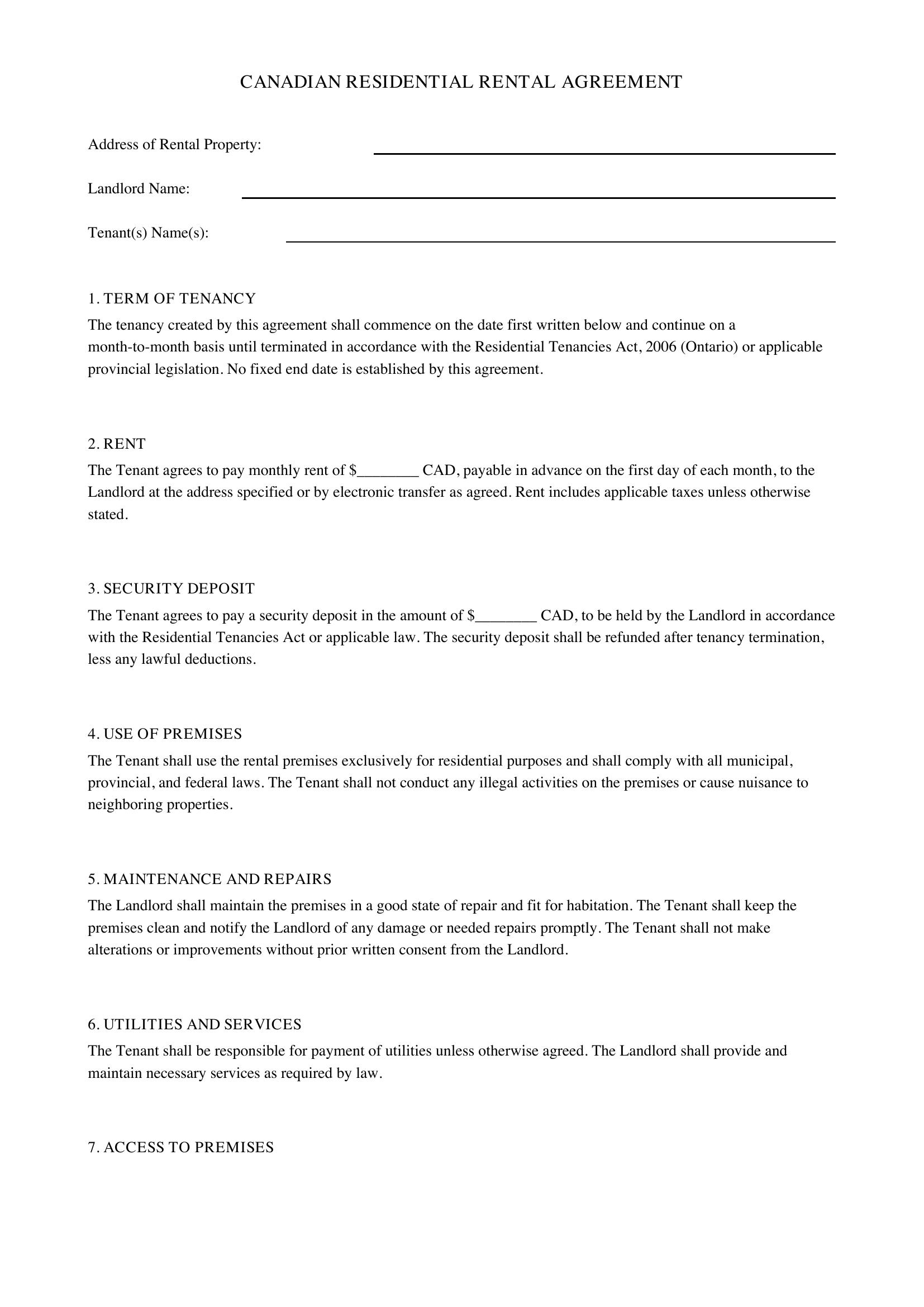 Canadian Rental Agreement Template - Canada