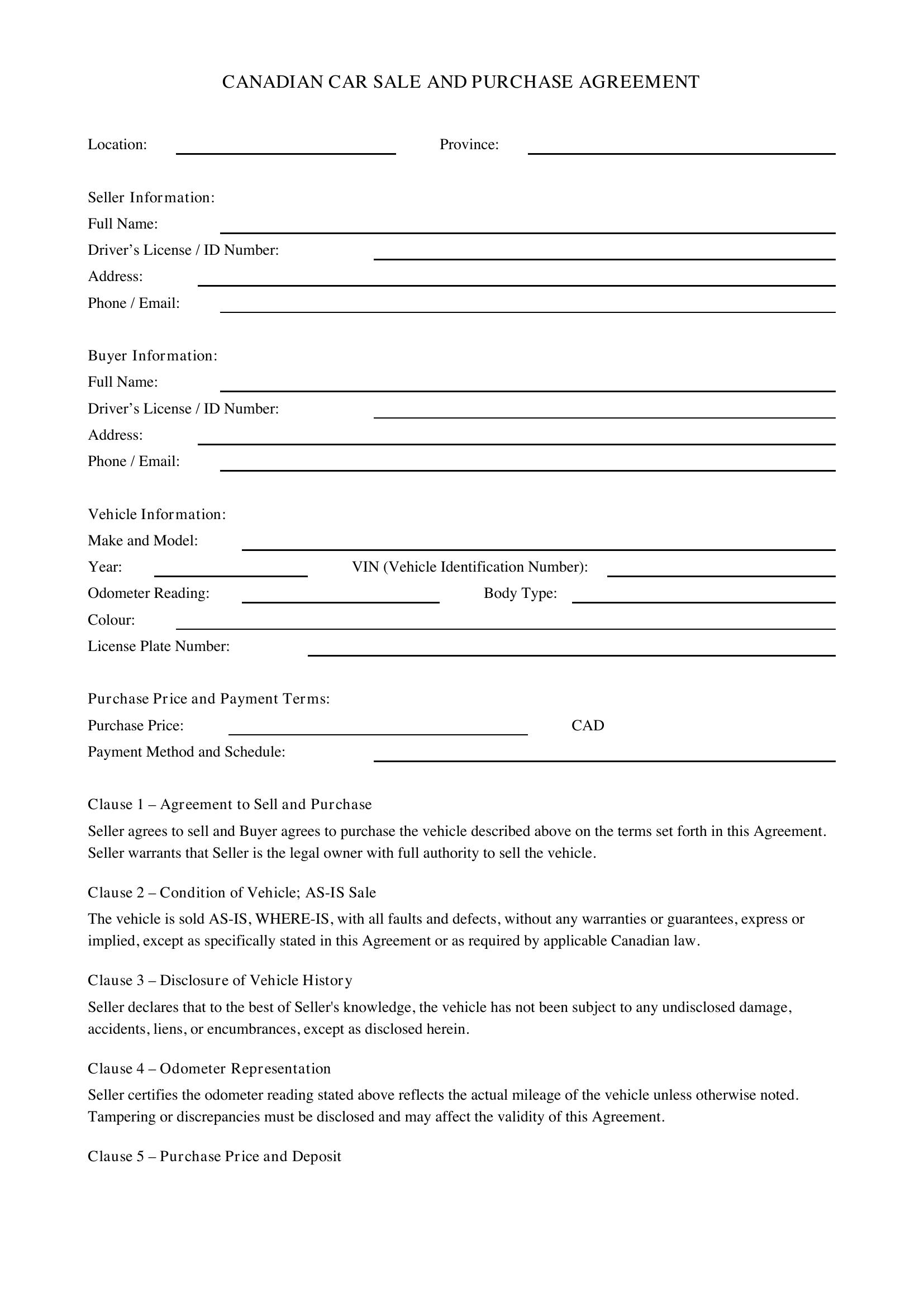 Car Sales Agreement Template - Canada