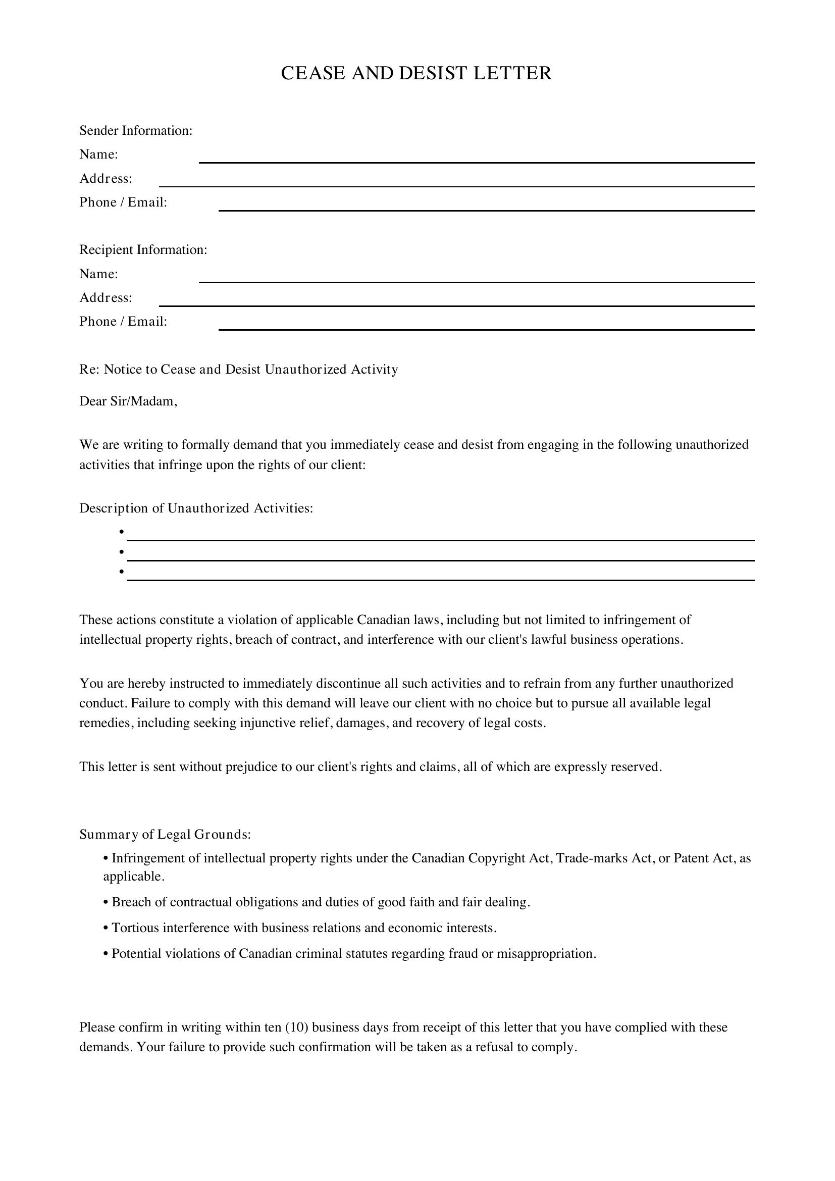 Cease And Desist Letter Template - Canada