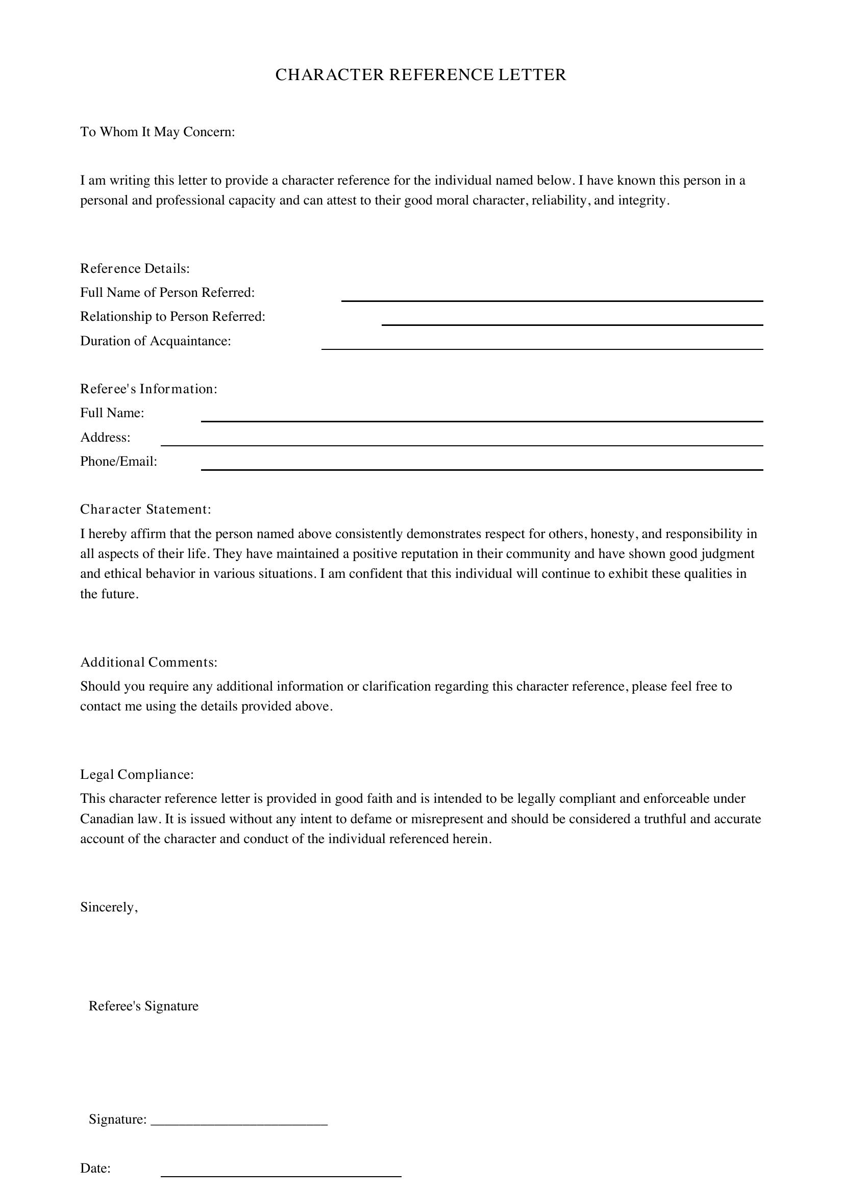 Character Reference Letter Template - Canada