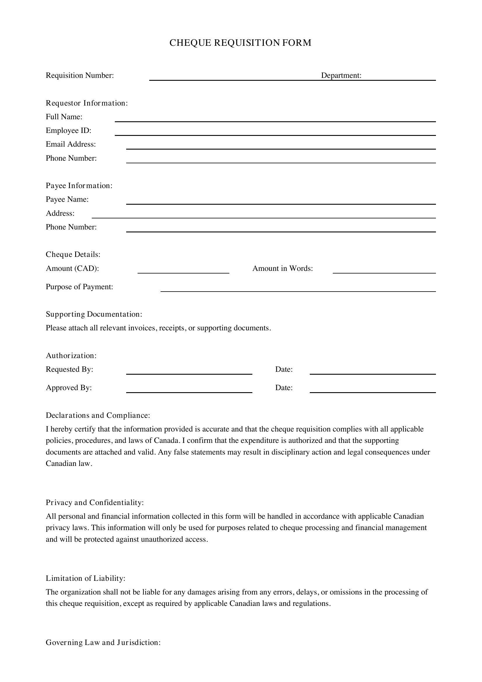 Cheque Requisition Form Template - Canada