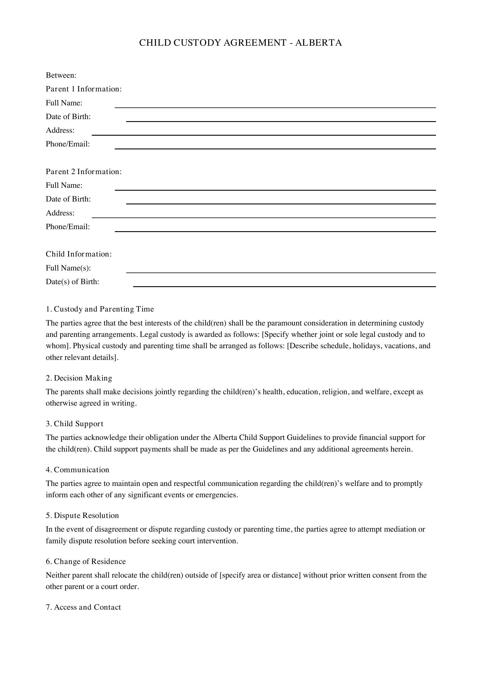 Child Custody Agreement Alberta Template - Canada