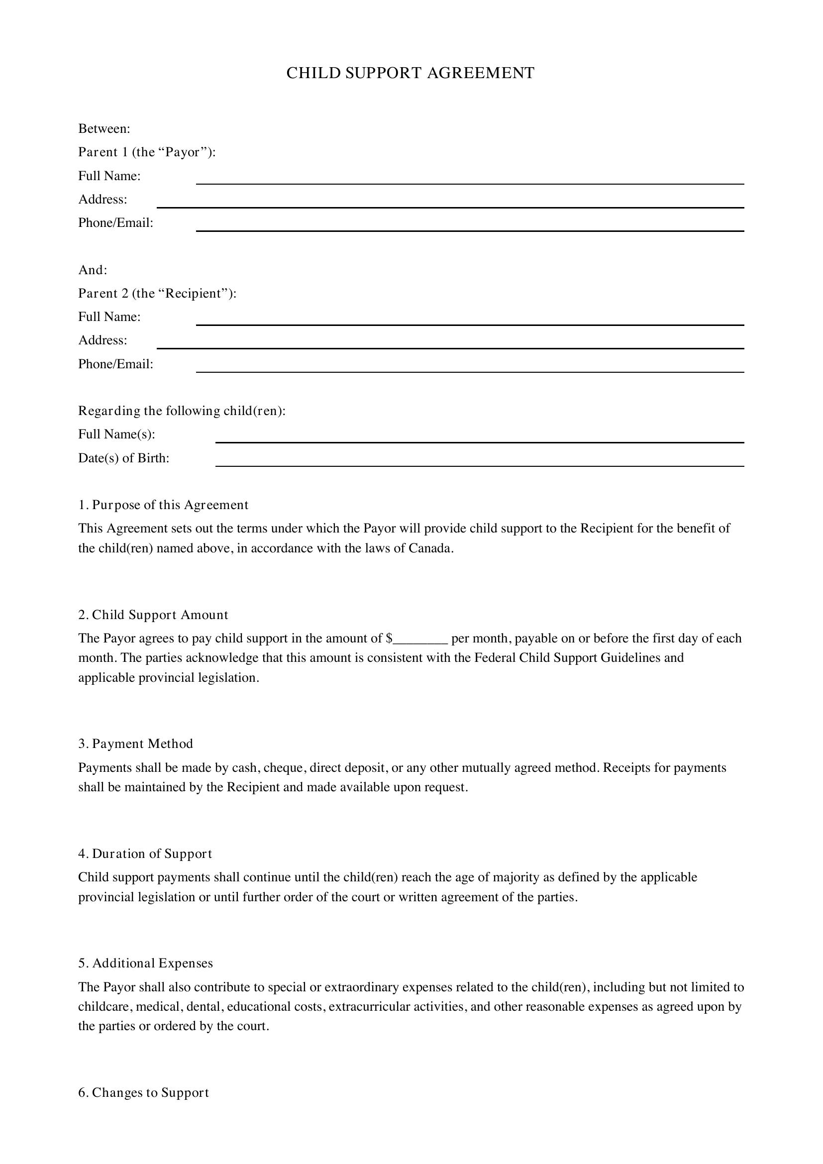 Child Support Agreement Template - Canada