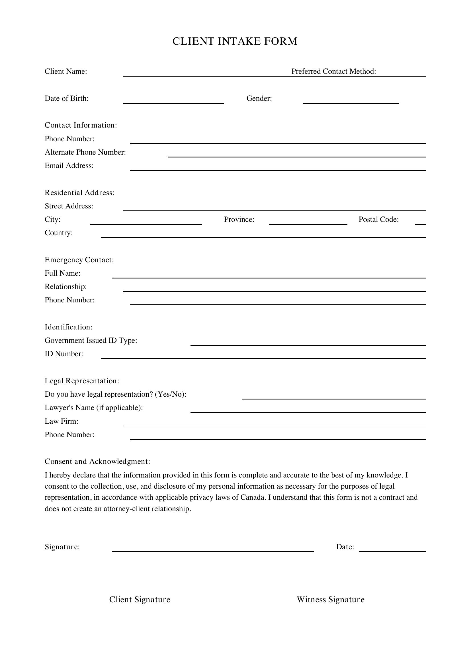 Client Intake Form Template - Canada