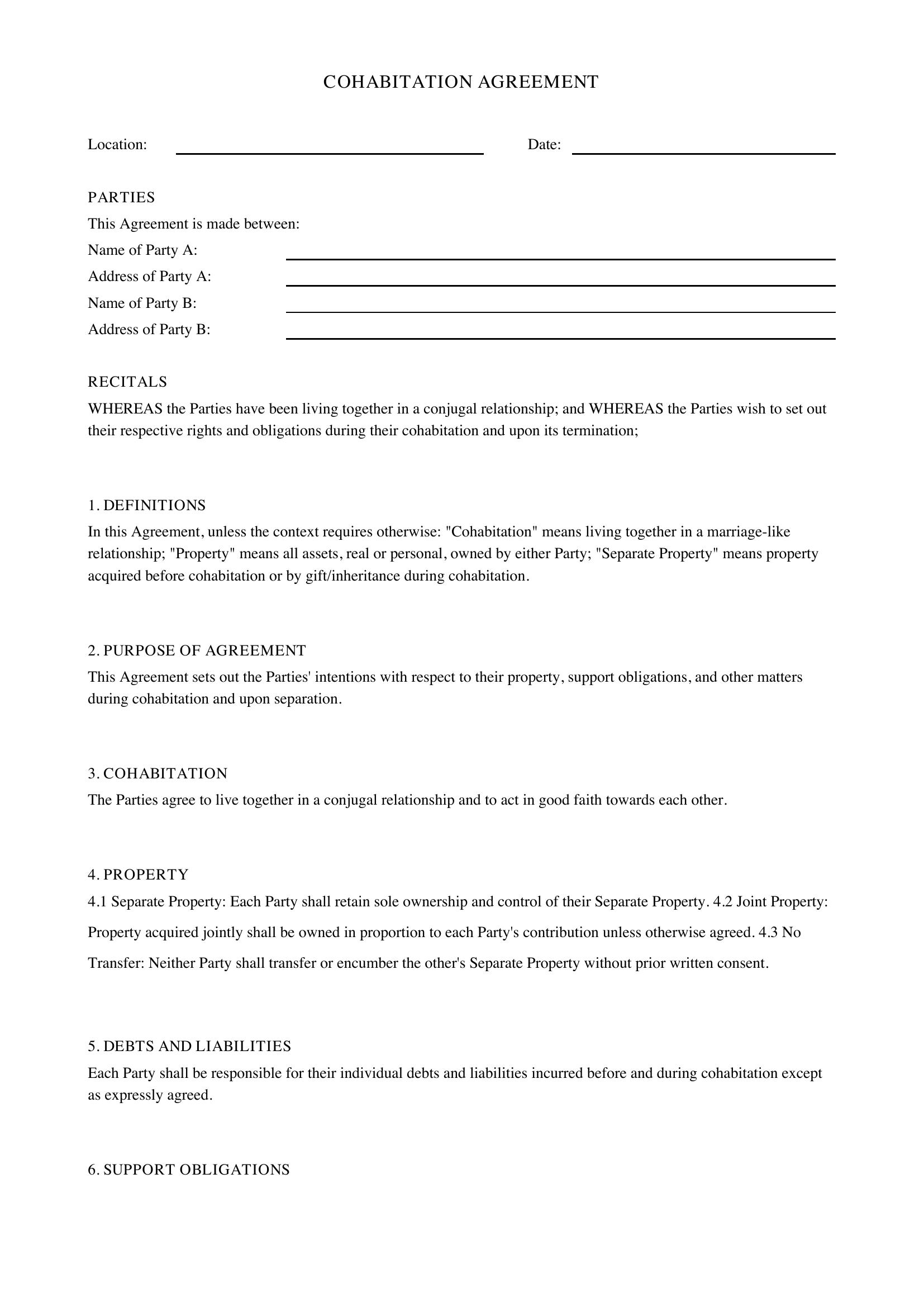 Cohabitation Agreement Bc Template - Canada