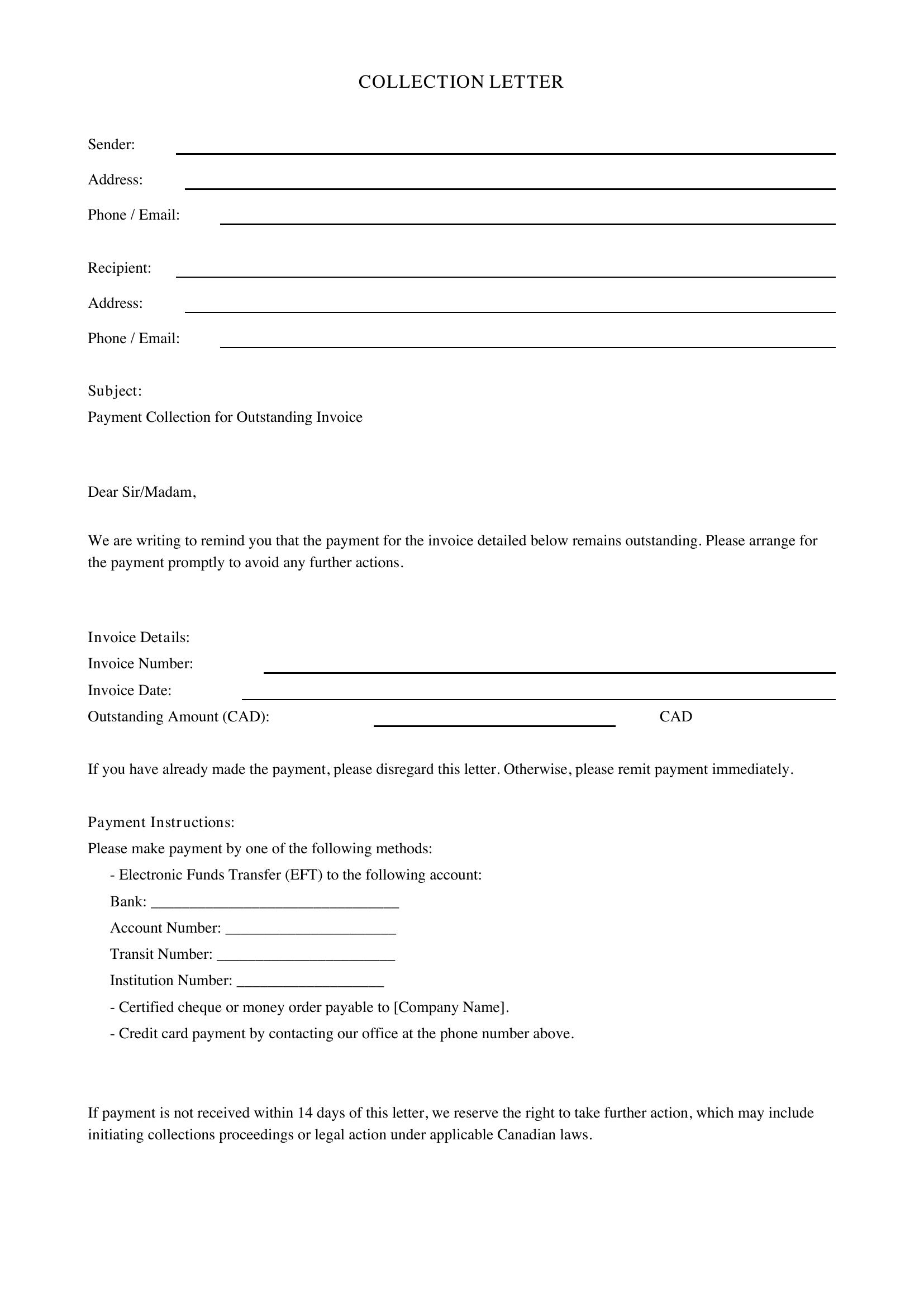 Collection Letter Template - Canada
