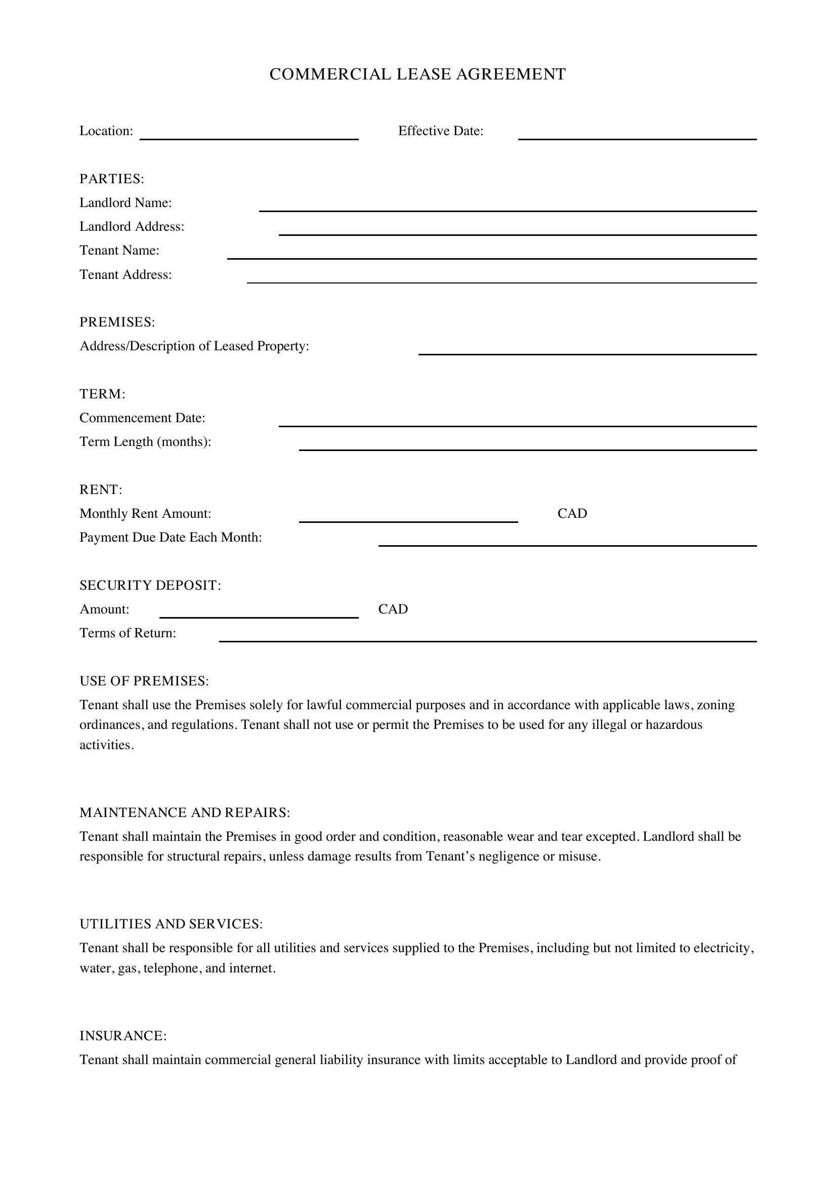Commercial Lease Agreement Template - Canada