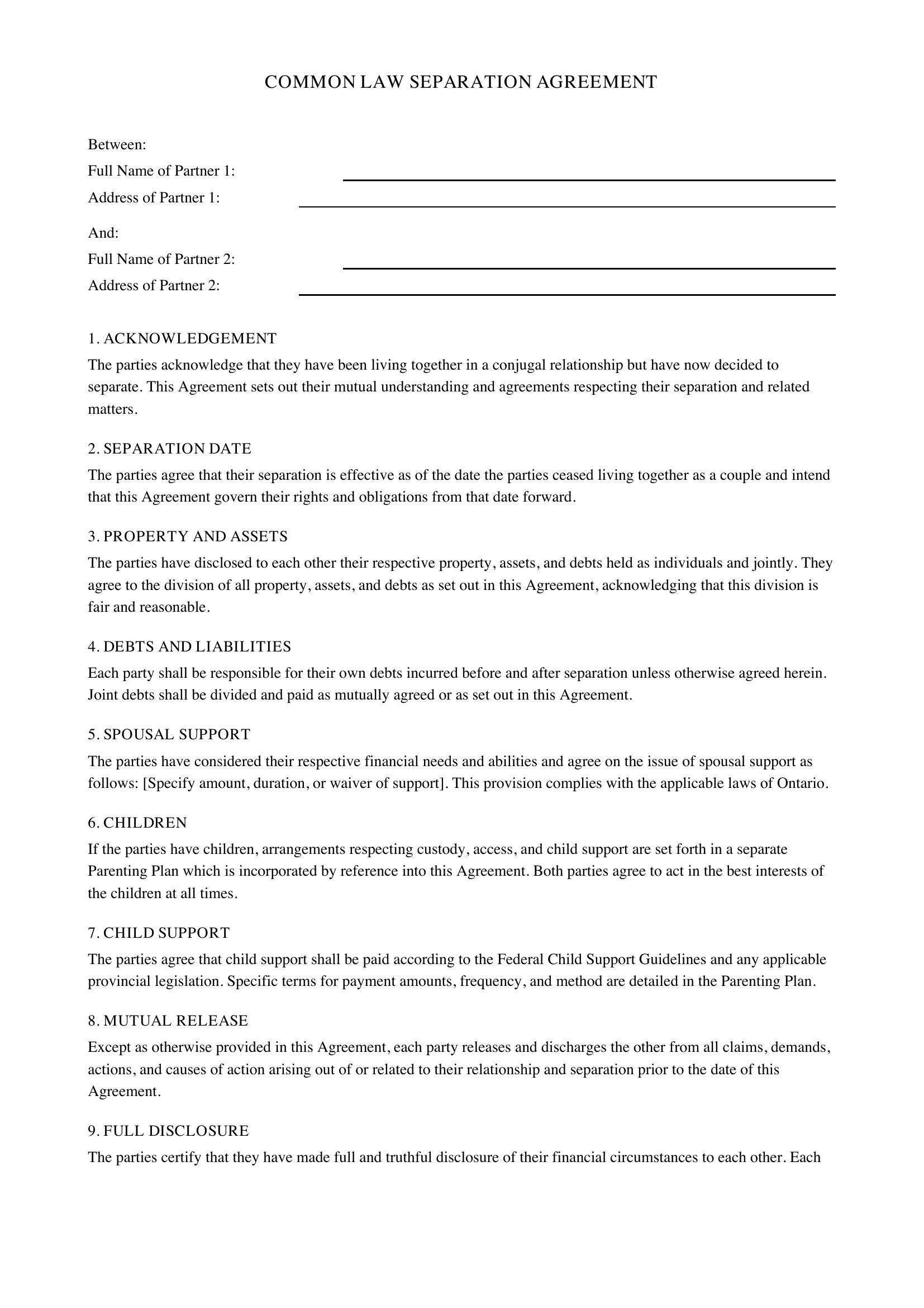 Common Law Separation Agreement Ontario Template - Canada