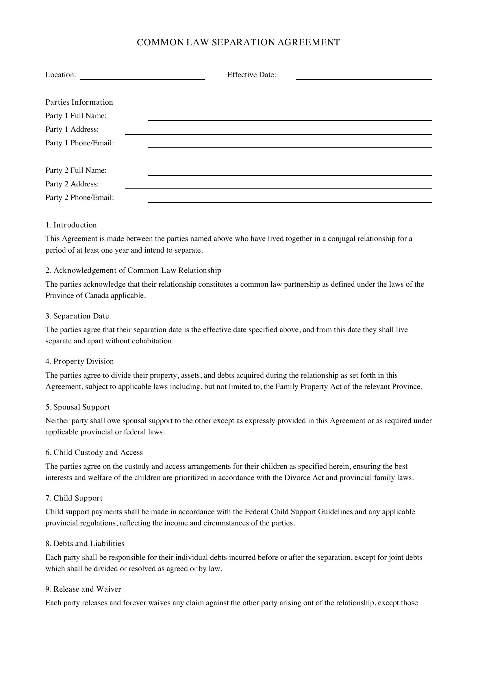 Common Law Separation Agreement Template - Canada