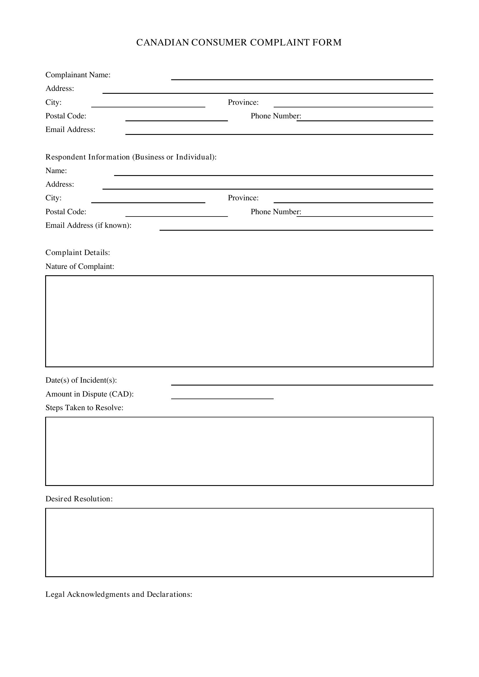 Complaint Form Template - Canada