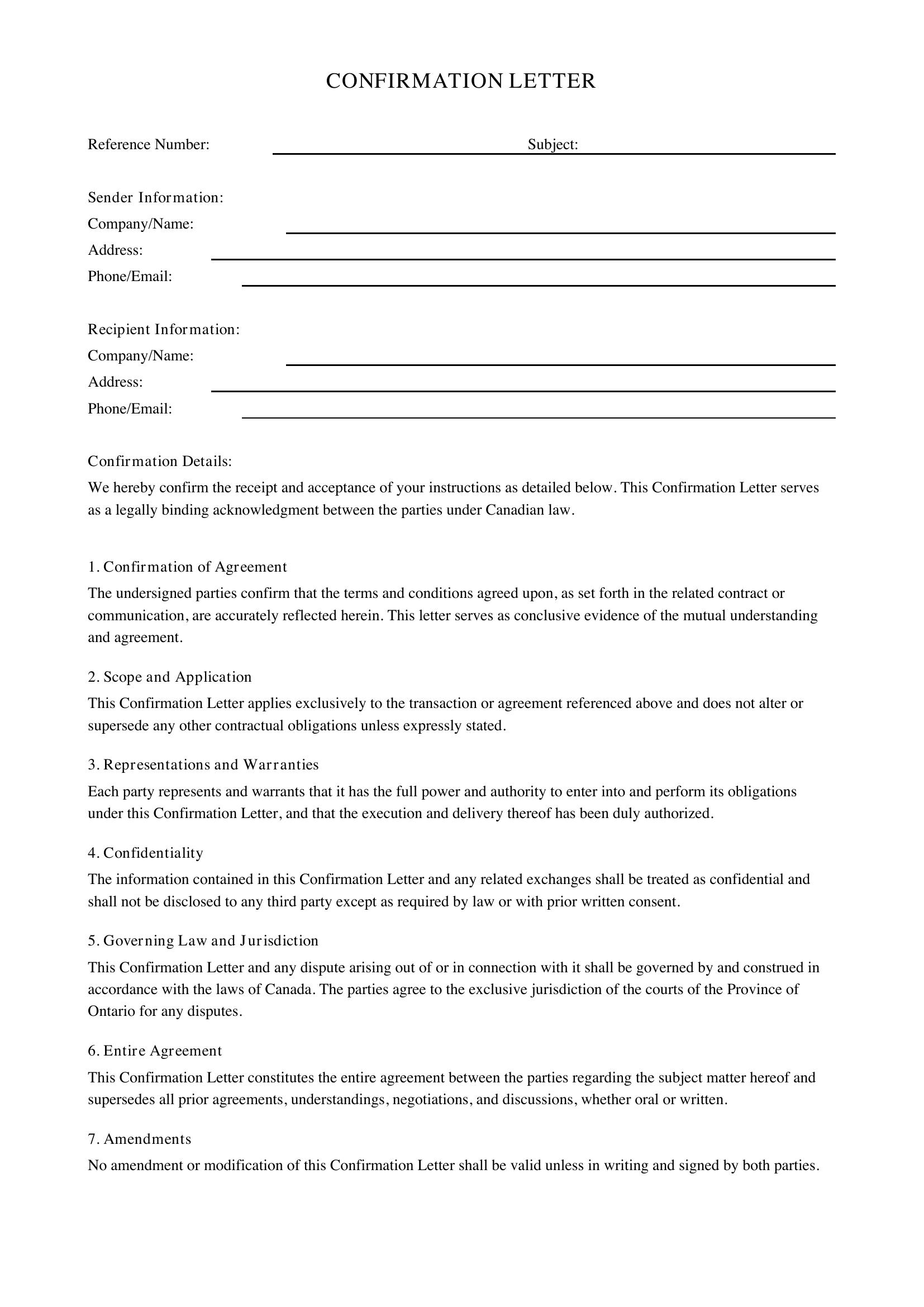 Confirmation Letter Template - Canada