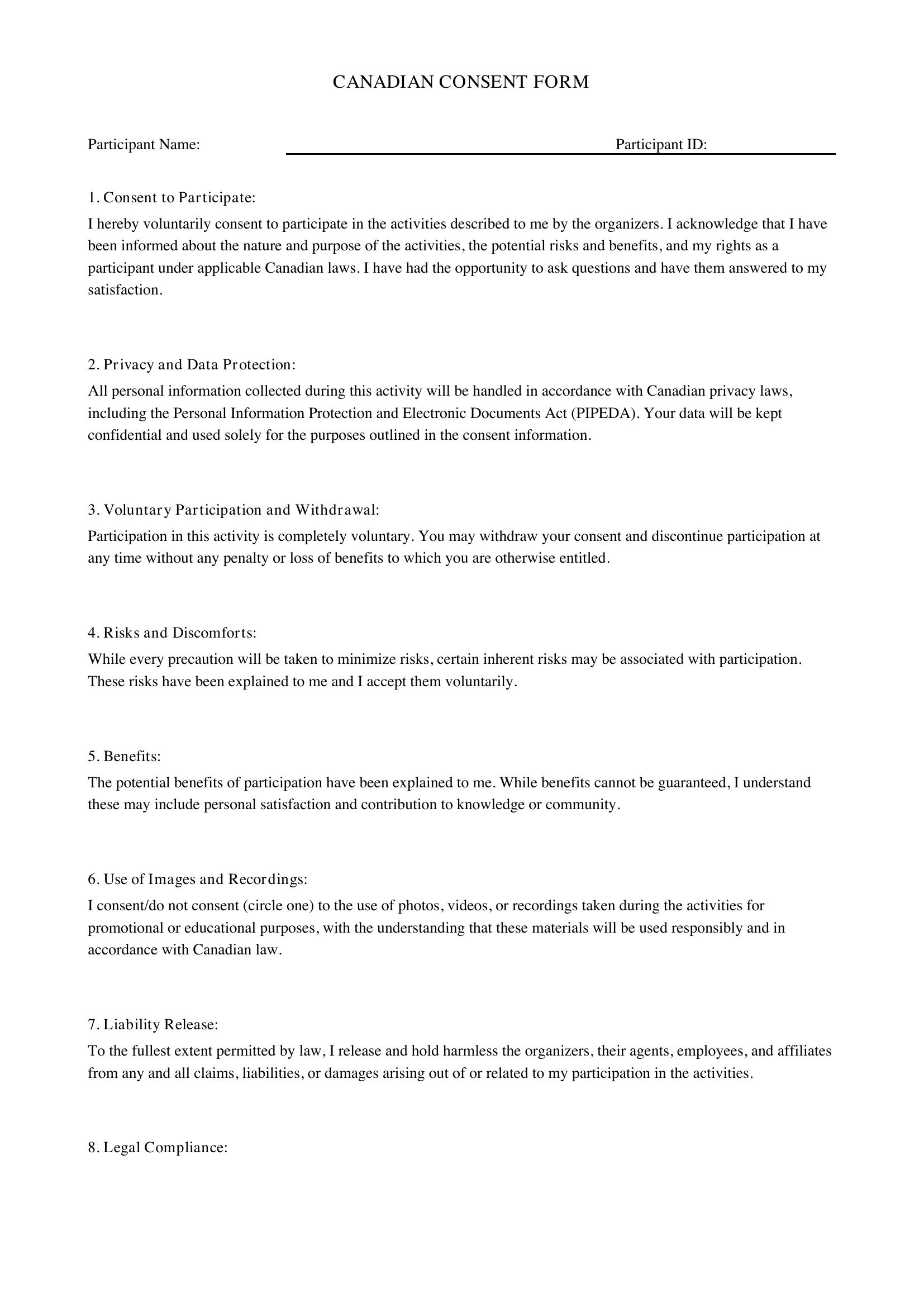 Consent Form Template - Canada