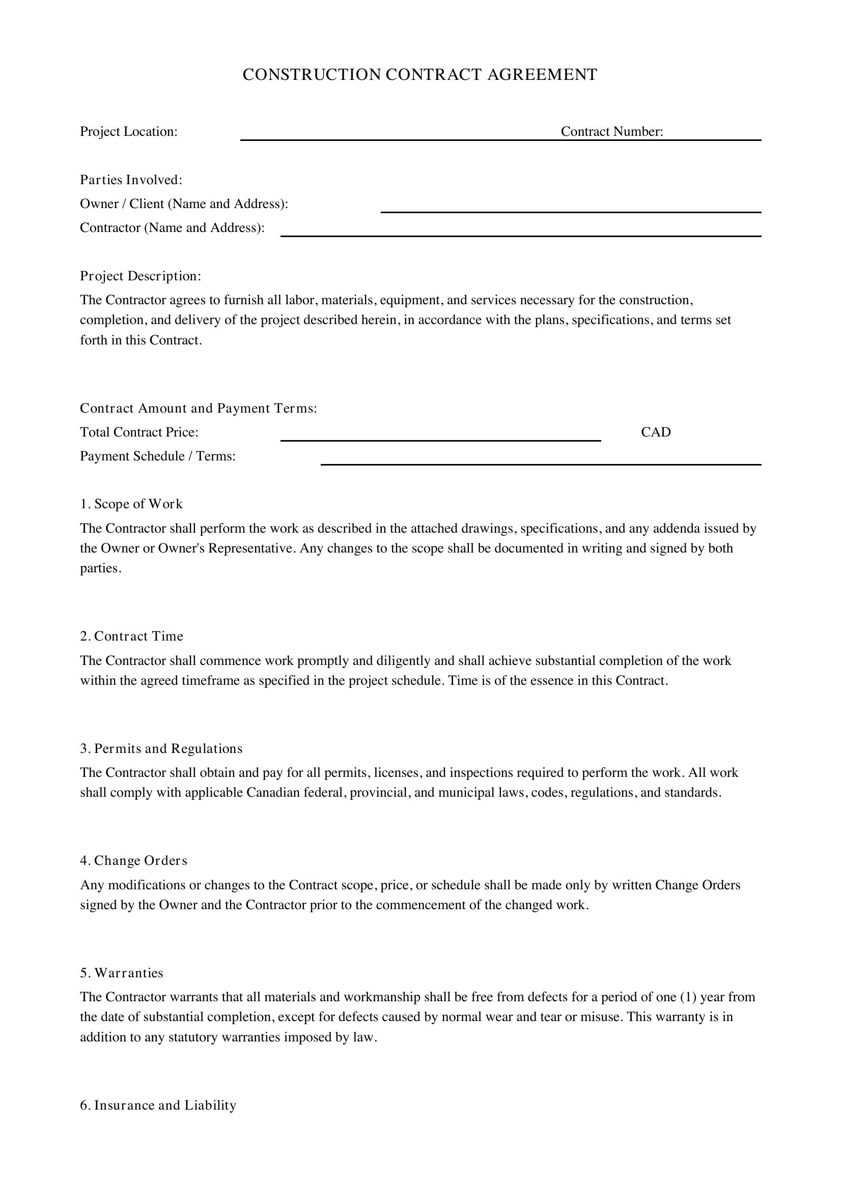 Construction Contract Template - Canada