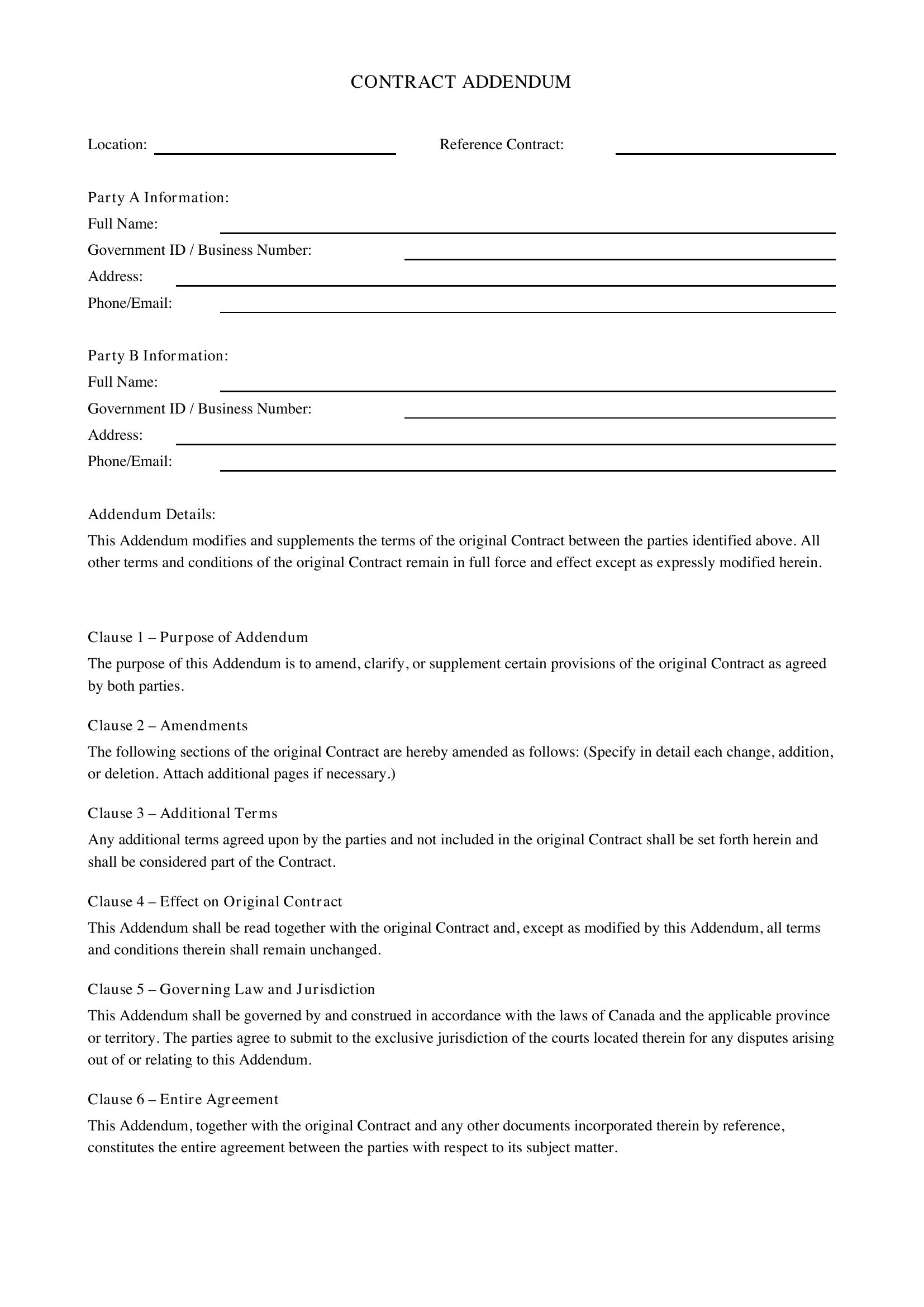 Contract Addendum Template - Canada