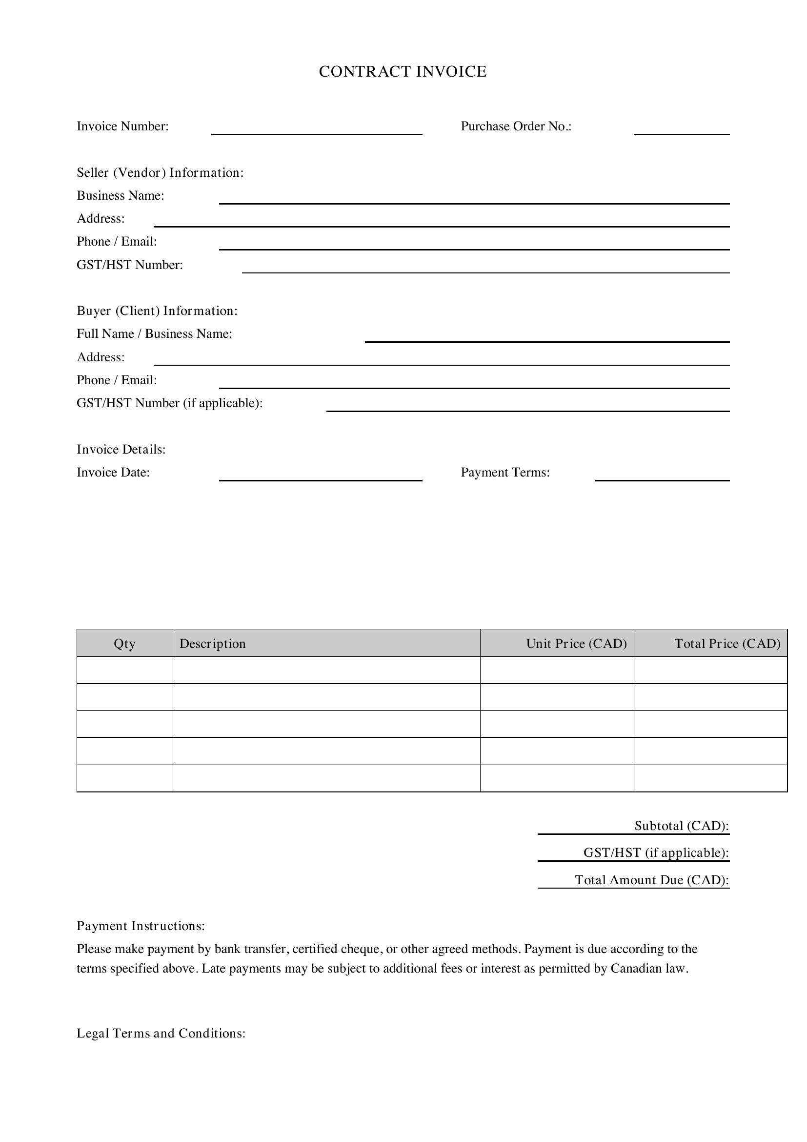 Contract Invoice Template - Canada