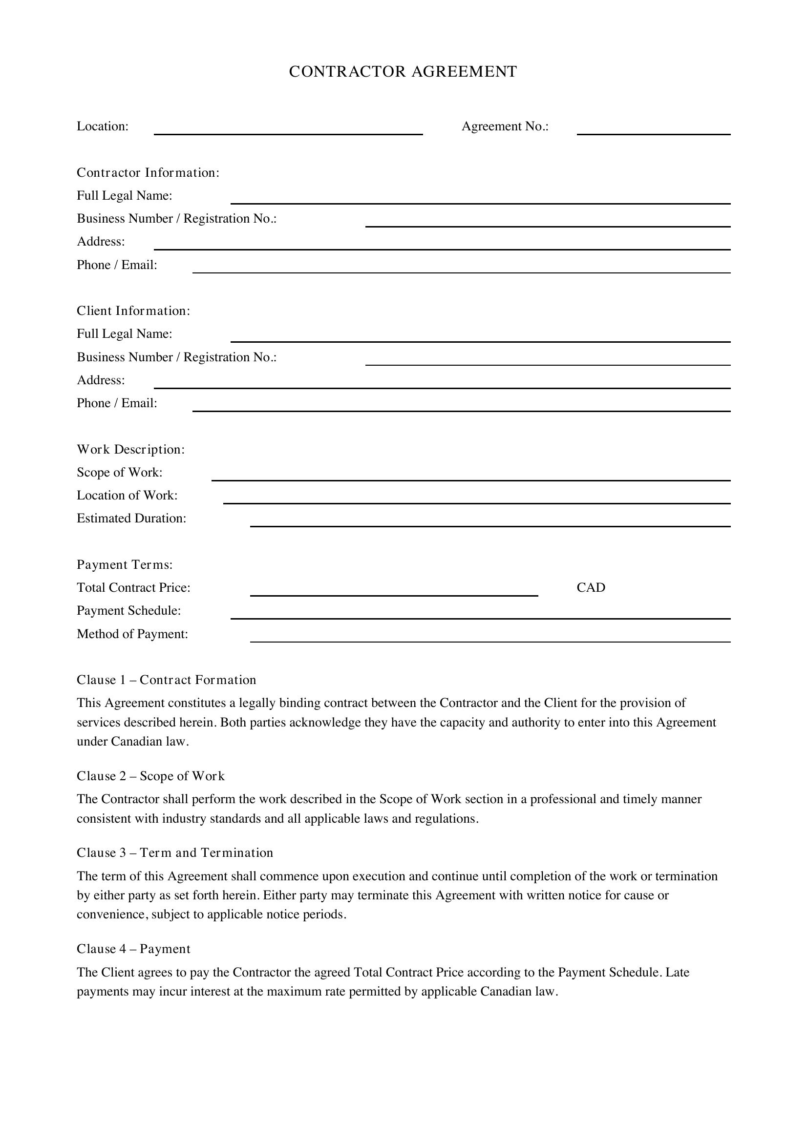 Contractor Agreement Template - Canada