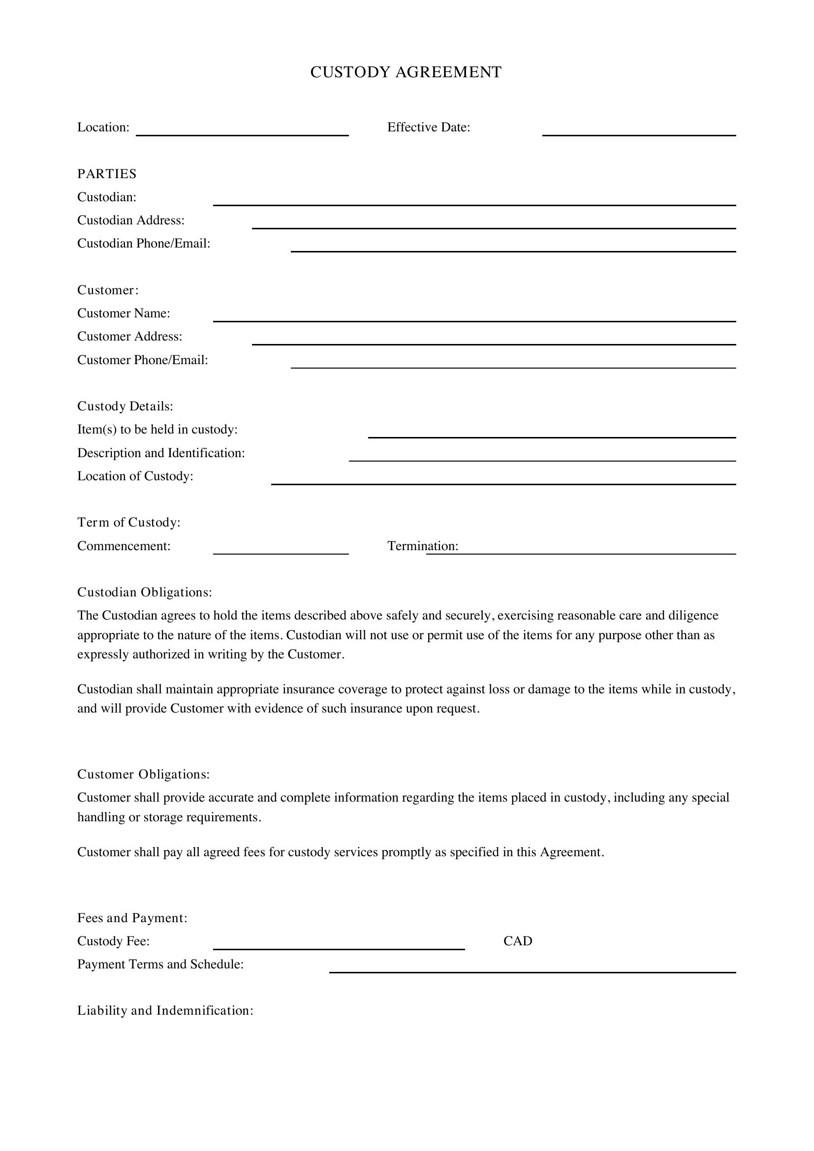 Custody Agreement Template - Canada