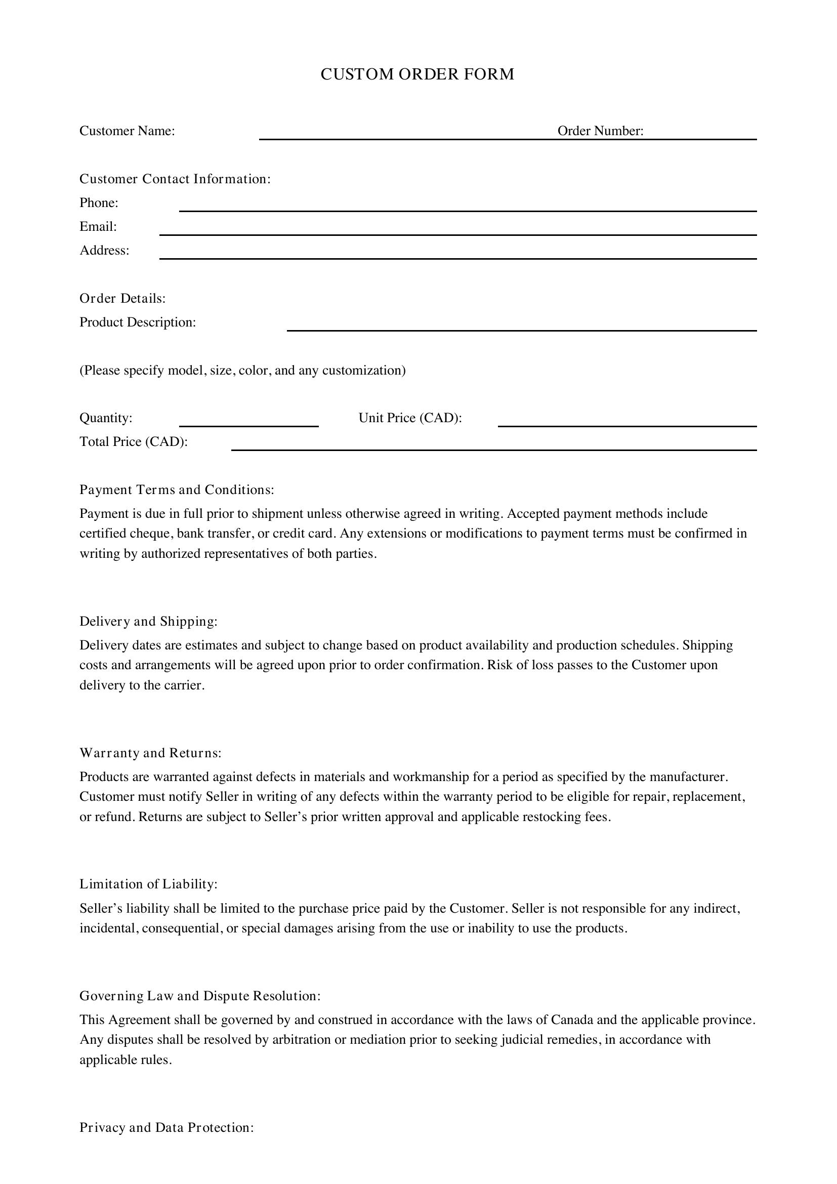 Custom Order Form Template - Canada