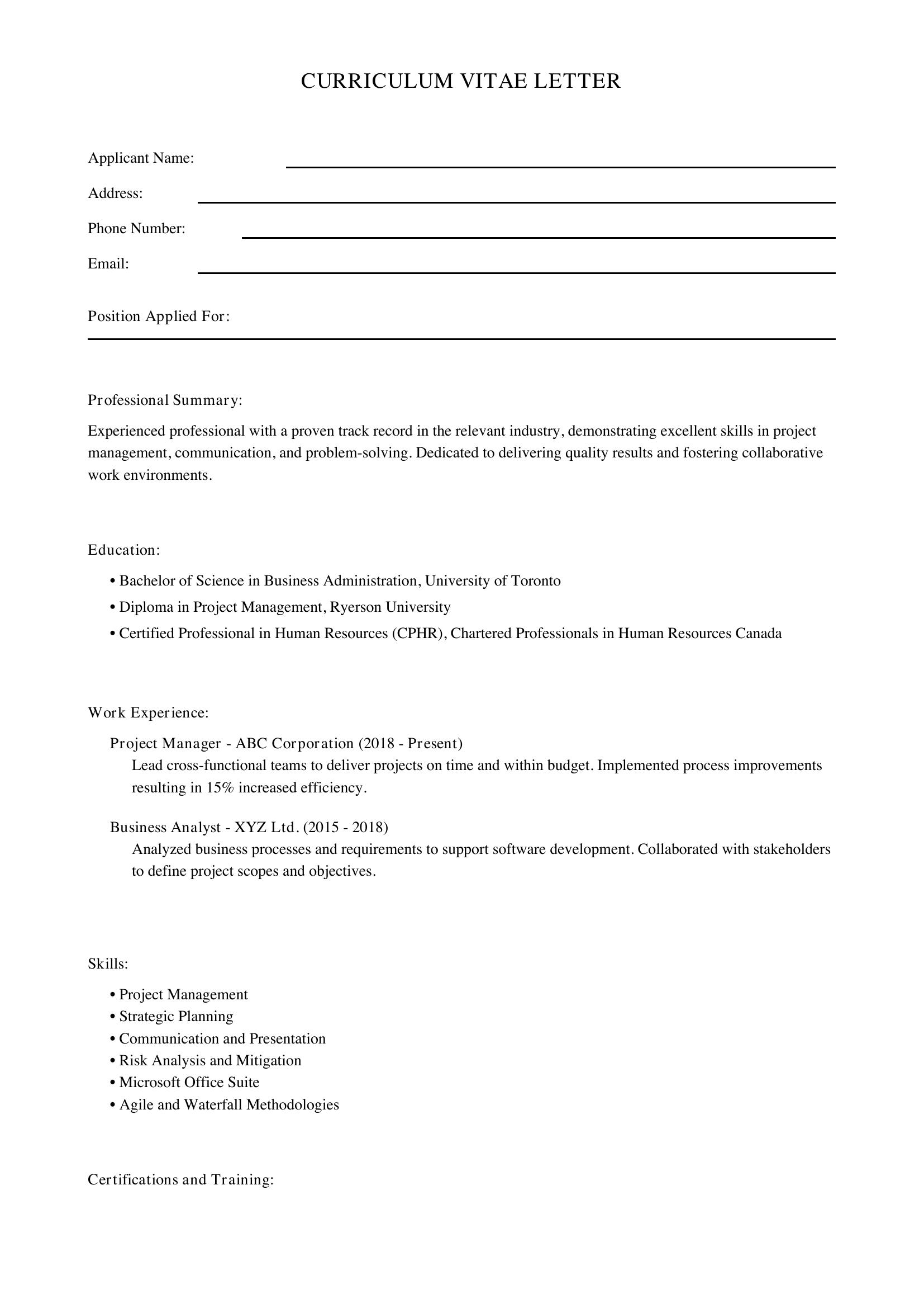 Cv Letter Template - Canada