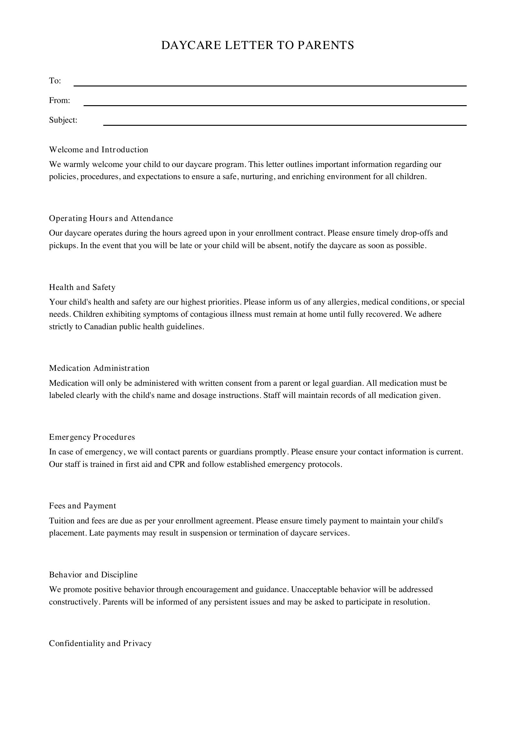 Daycare Letter To Parents Template - Canada