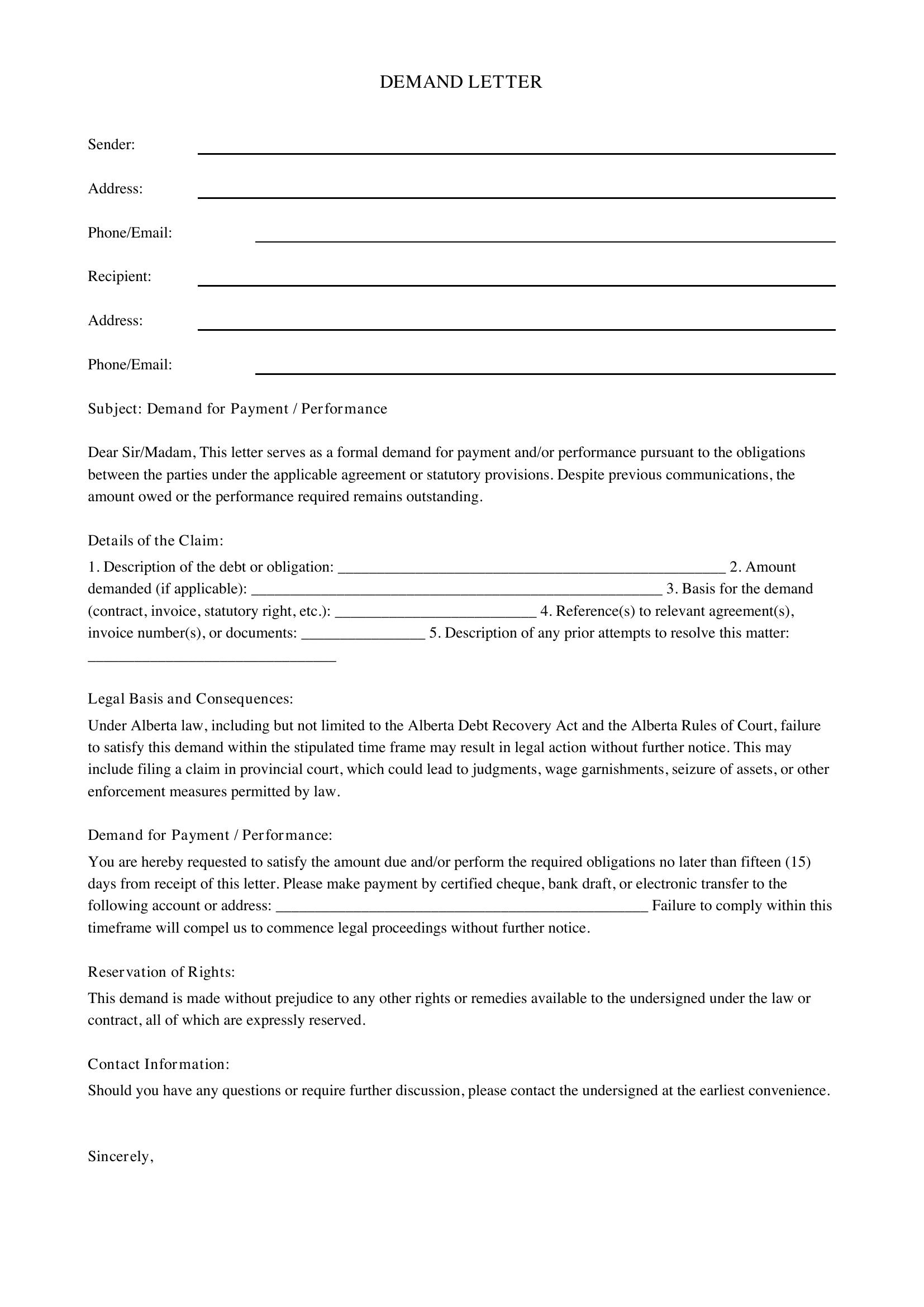 Demand Letter Alberta Template - Canada