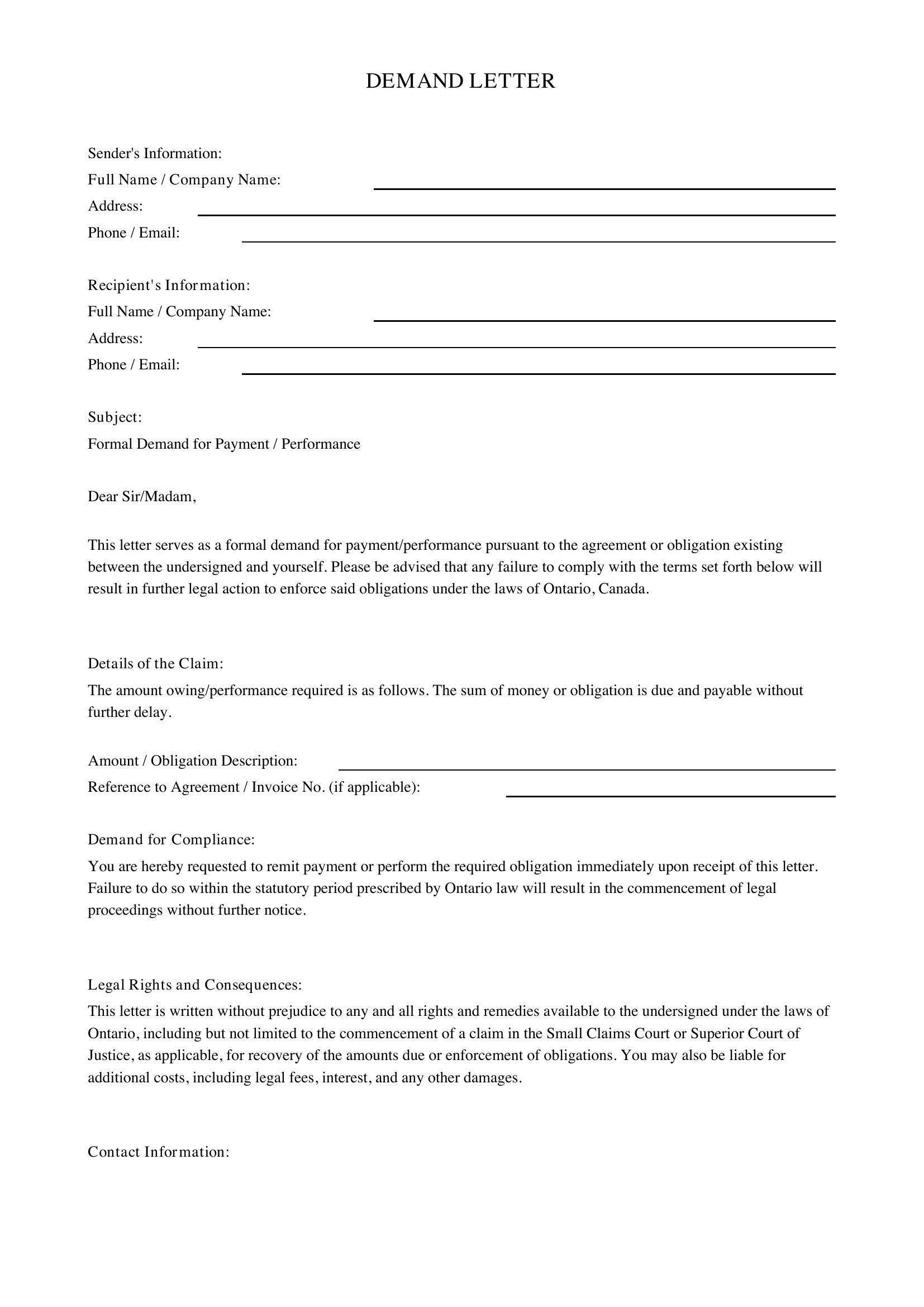 Demand Letter Ontario Template - Canada