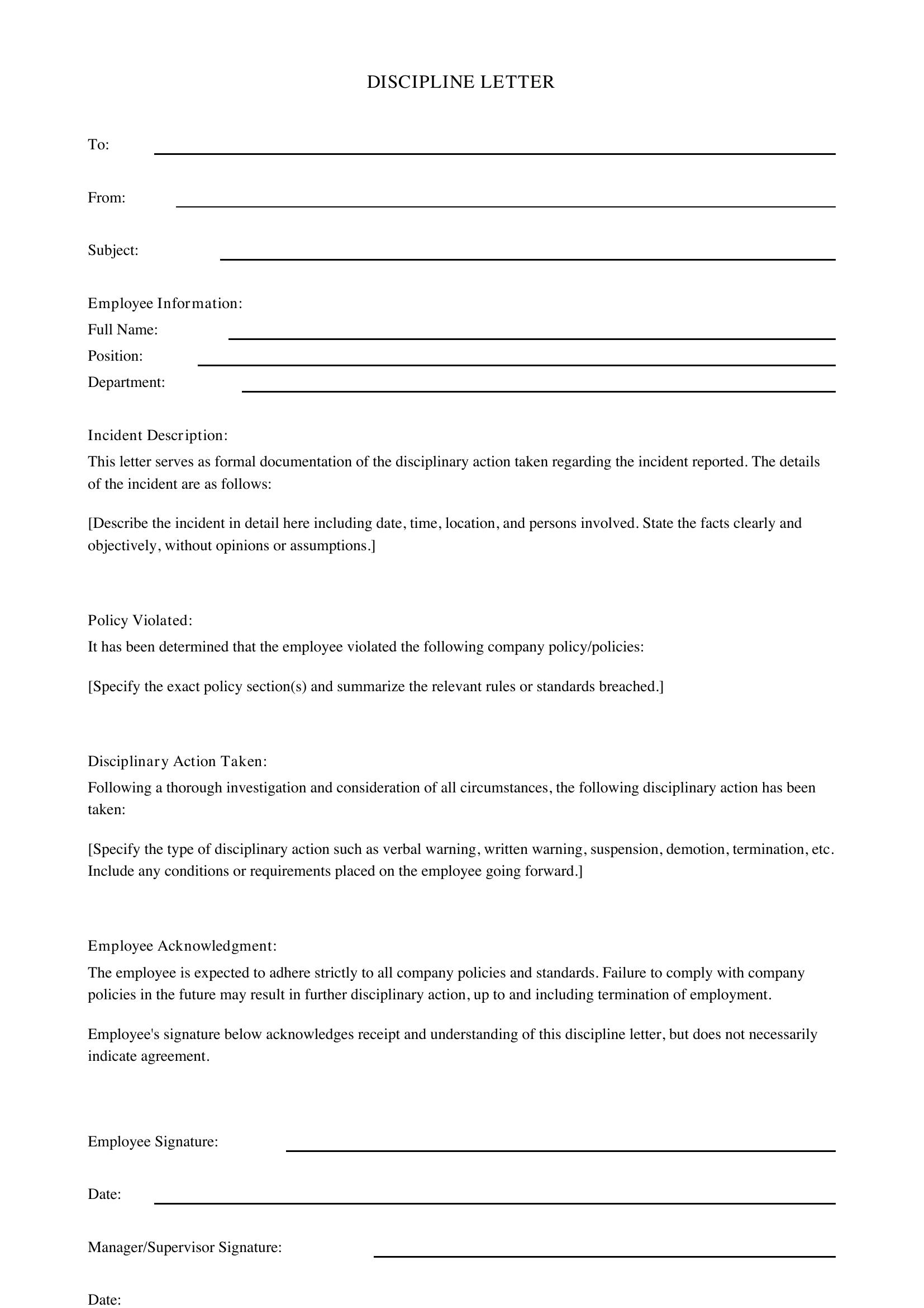 Discipline Letter Template - Canada