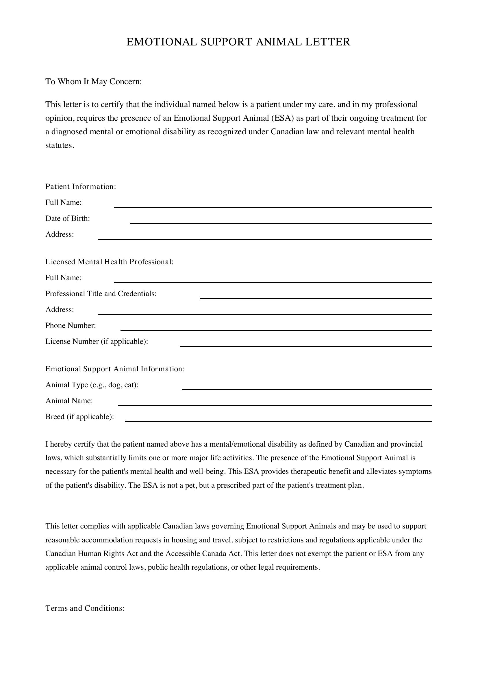 Emotional Support Animal Letter Template - Canada