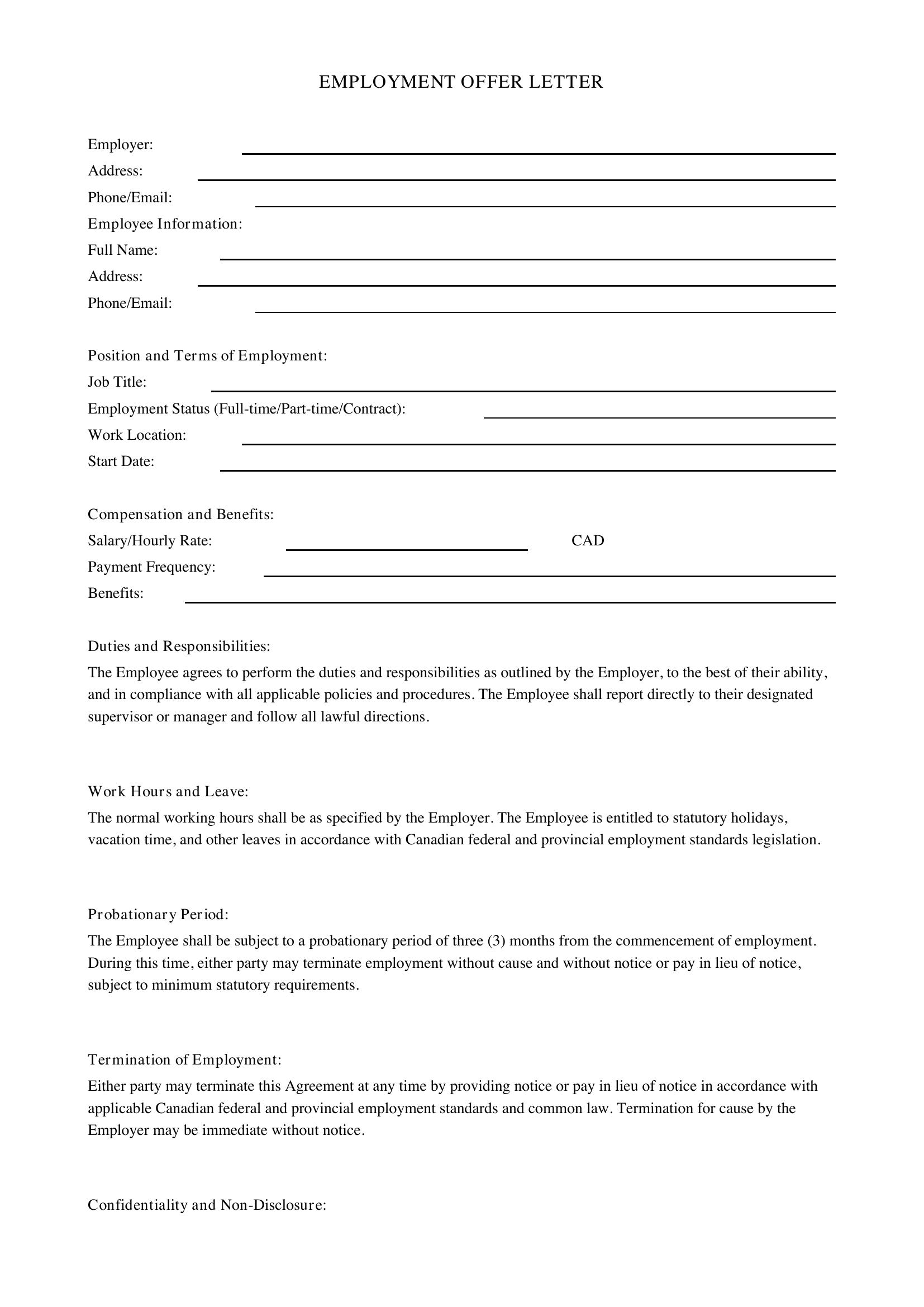 Employee Letter Template - Canada