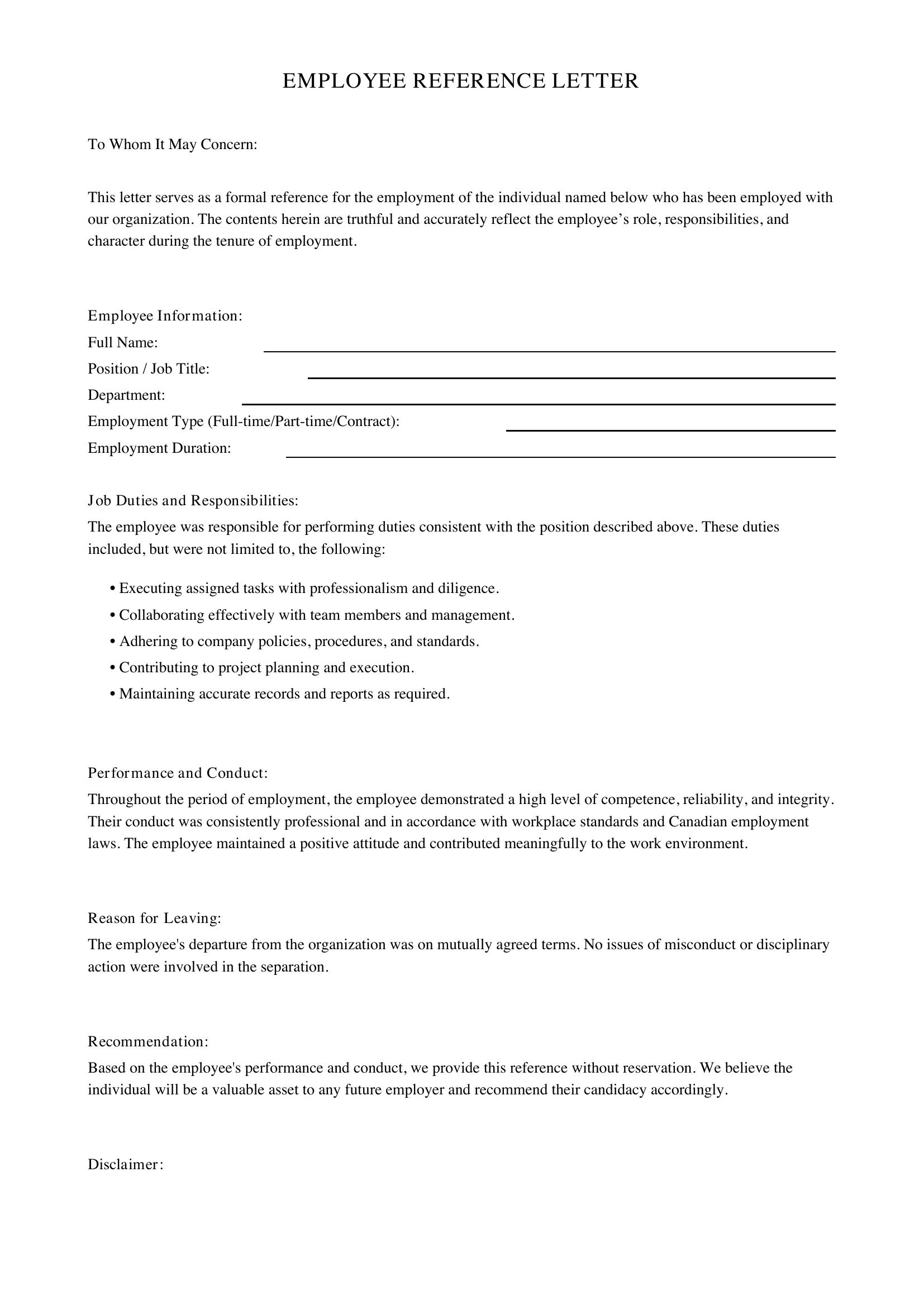 Employee Reference Letter Template - Canada
