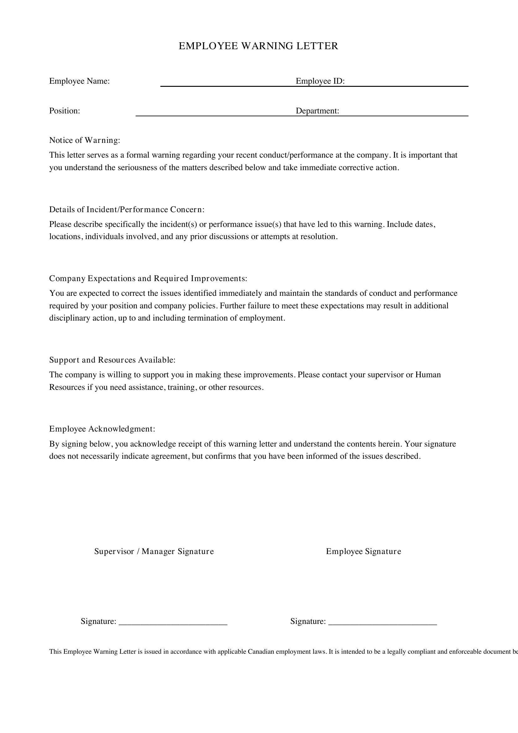 Employee Warning Letter Template - Canada