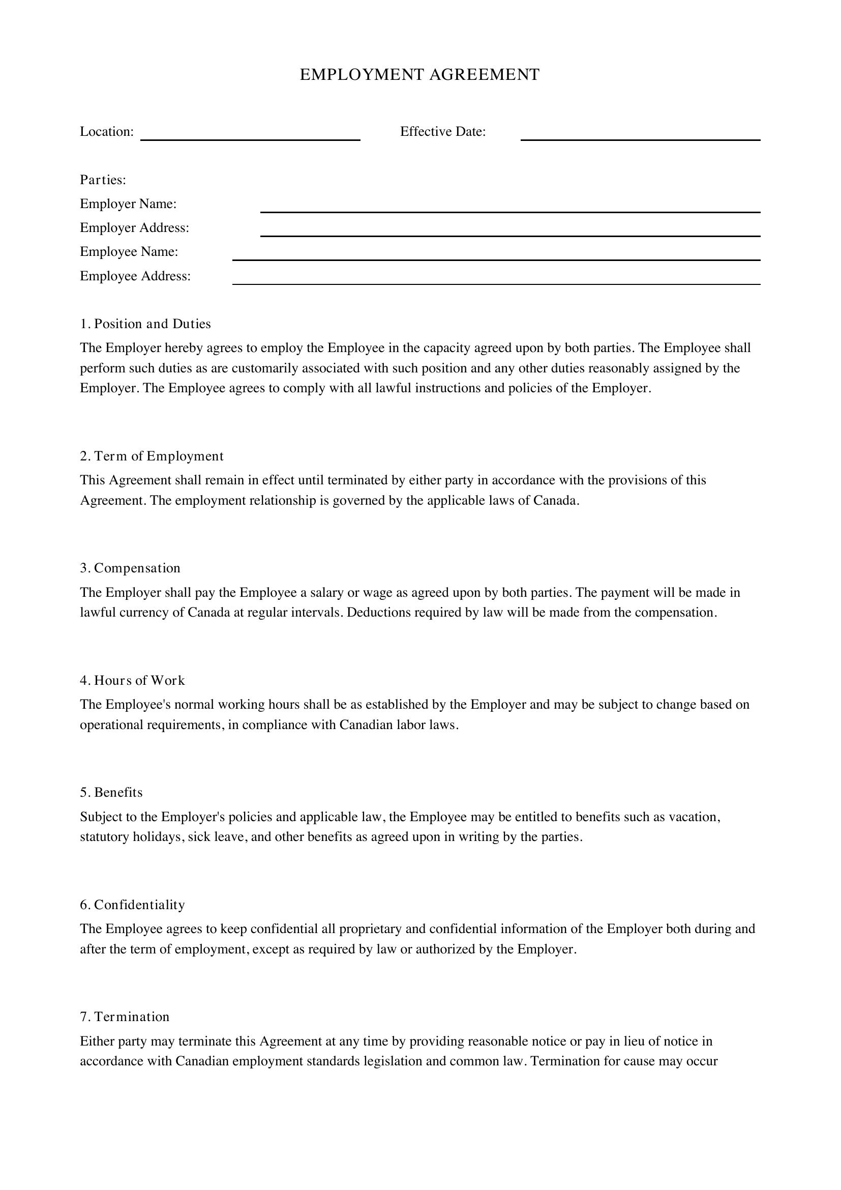 Employment Agreement Template - Canada