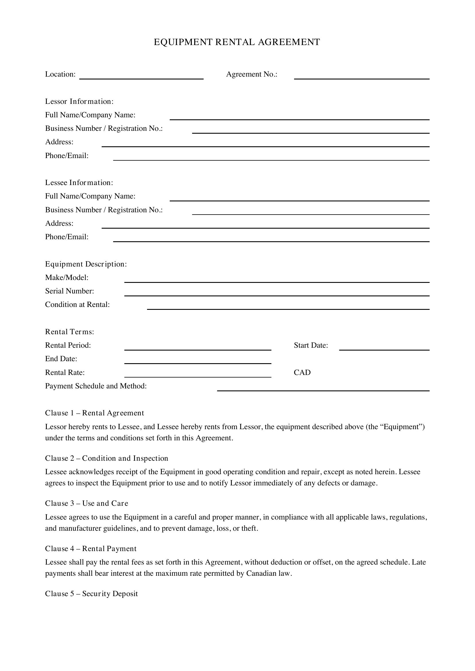 Equipment Rental Agreement Template - Canada