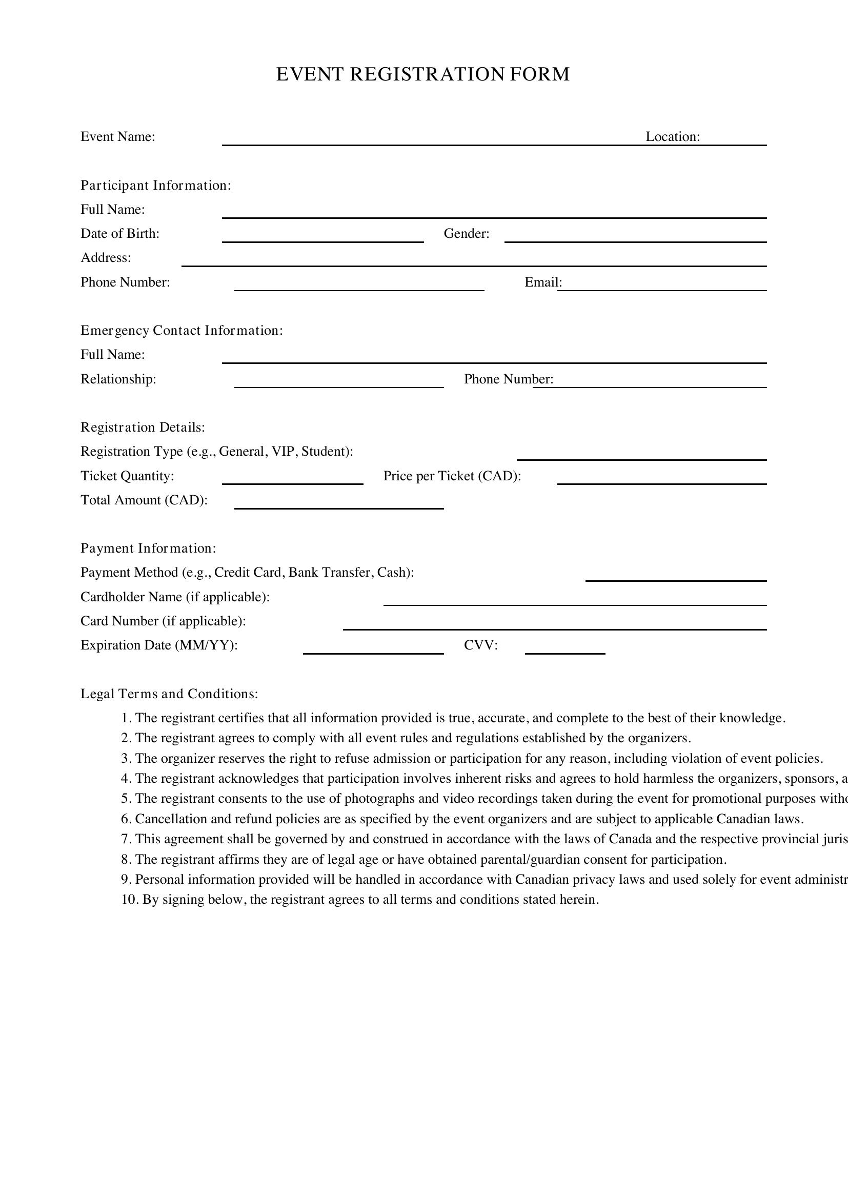 Event Registration Form Template - Canada