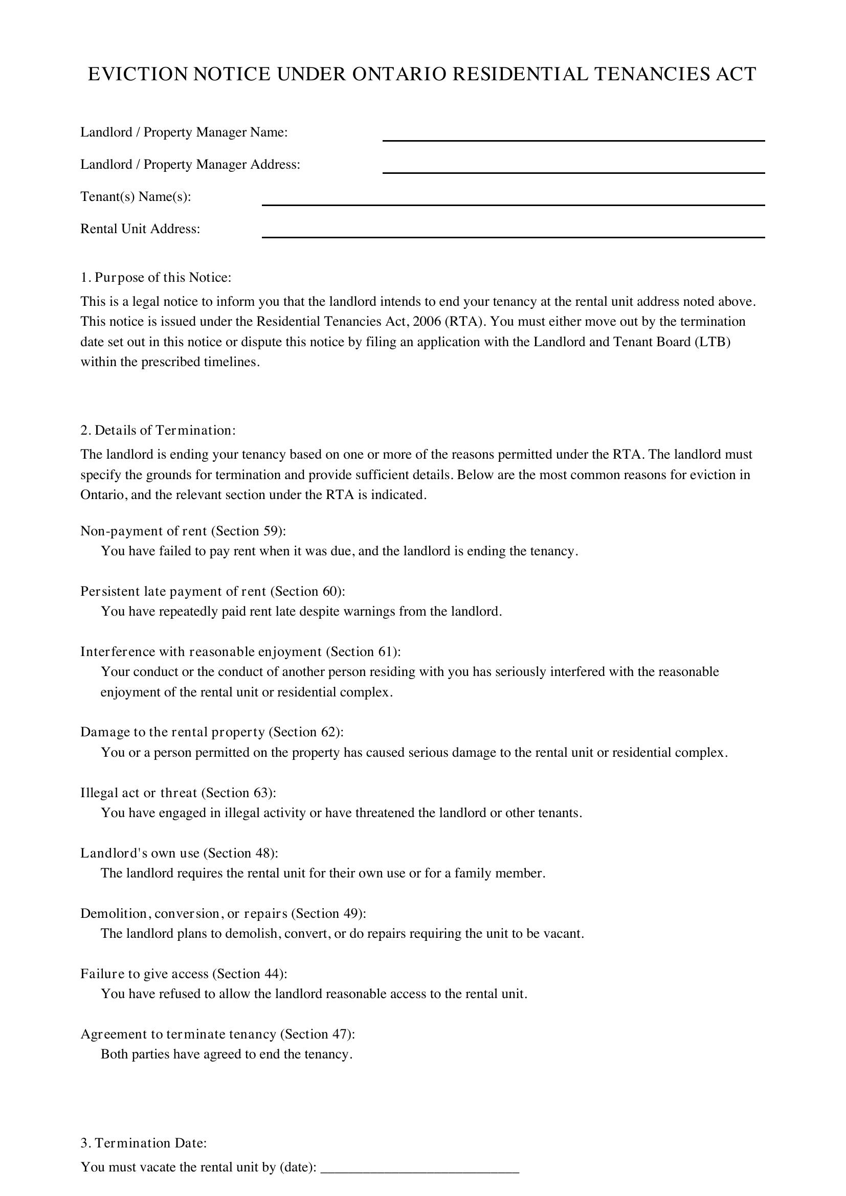 Eviction Letter Ontario Template - Canada