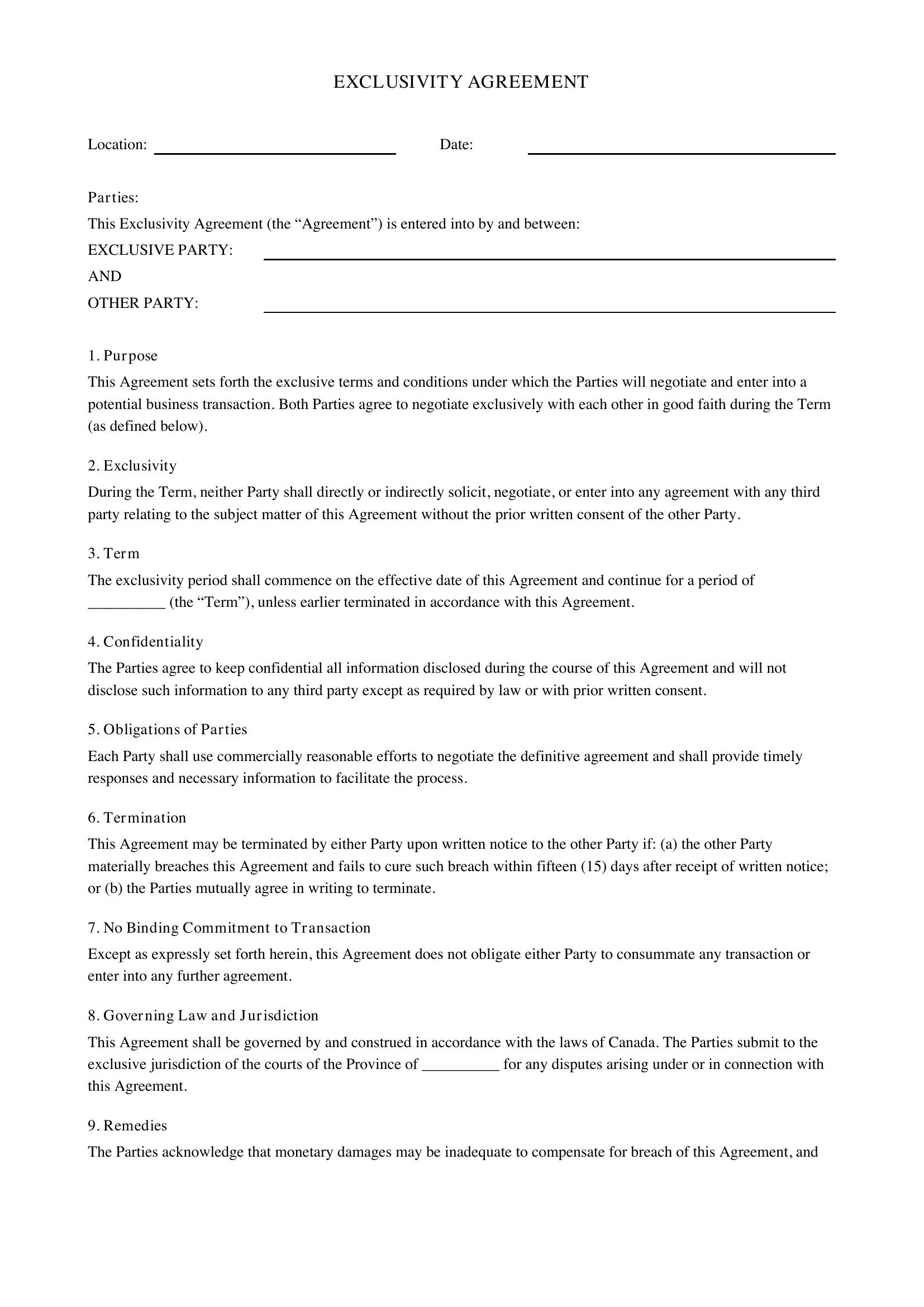 Exclusivity Agreement Template - Canada