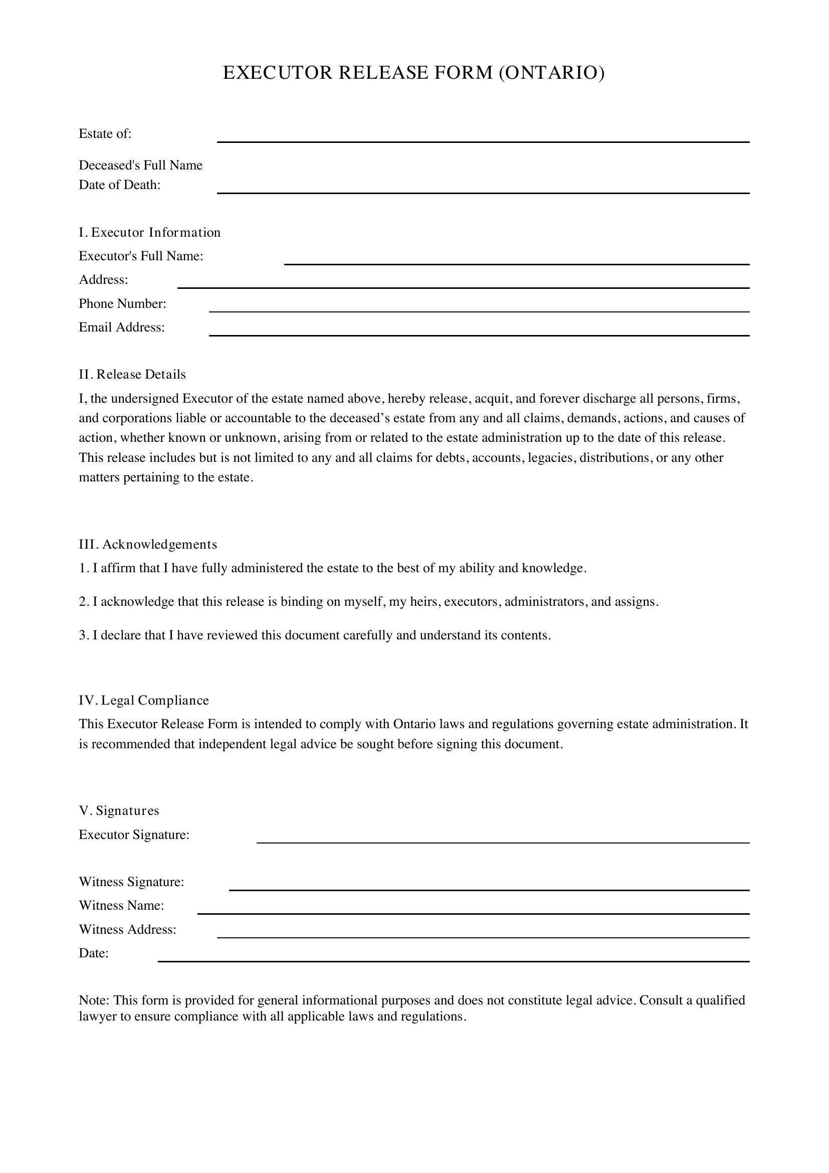 Executor Release Form Ontario Template - Canada