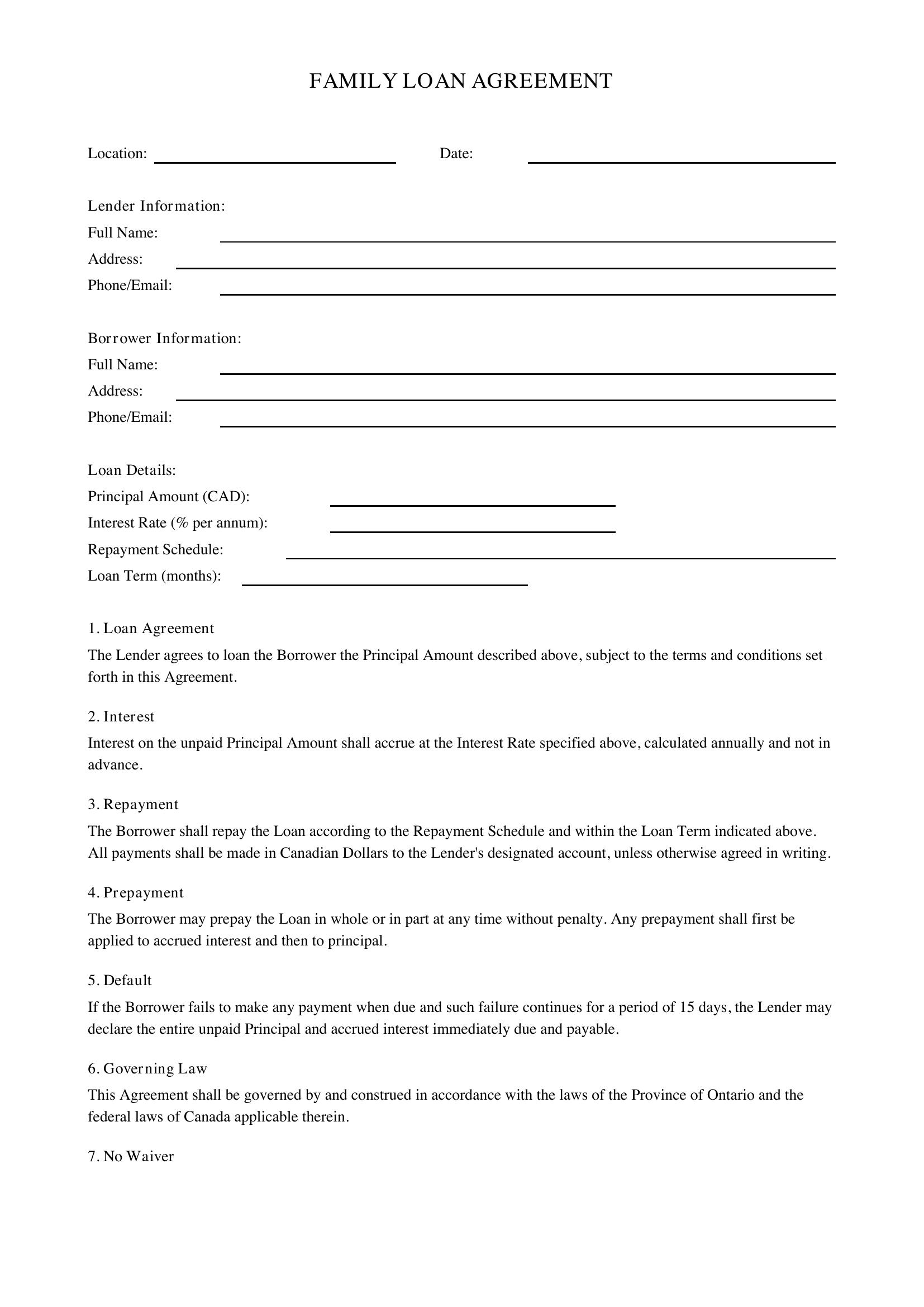 Family Loan Agreement Template - Canada