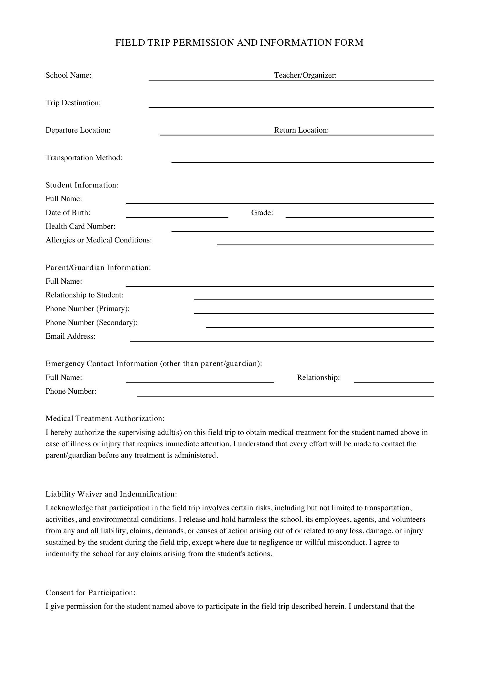 Field Trip Form Template - Canada