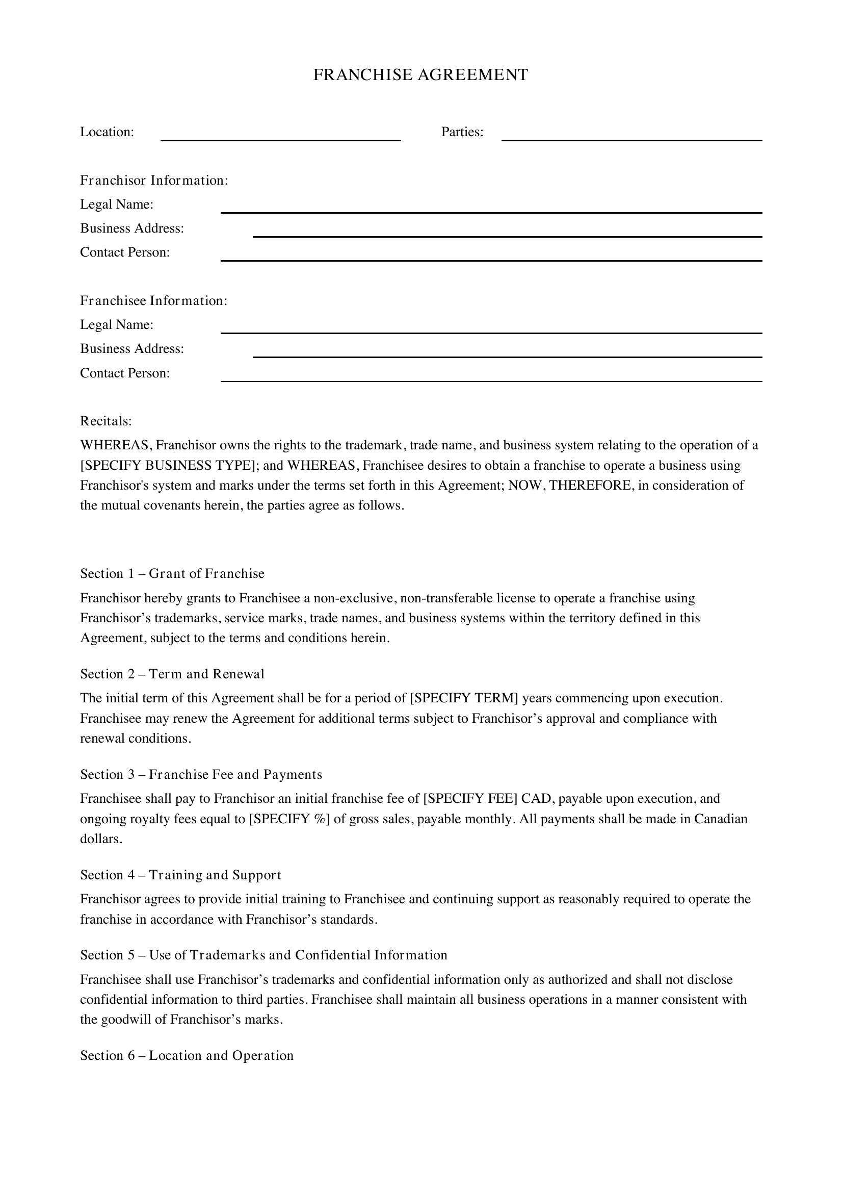 Franchise Agreement Template - Canada